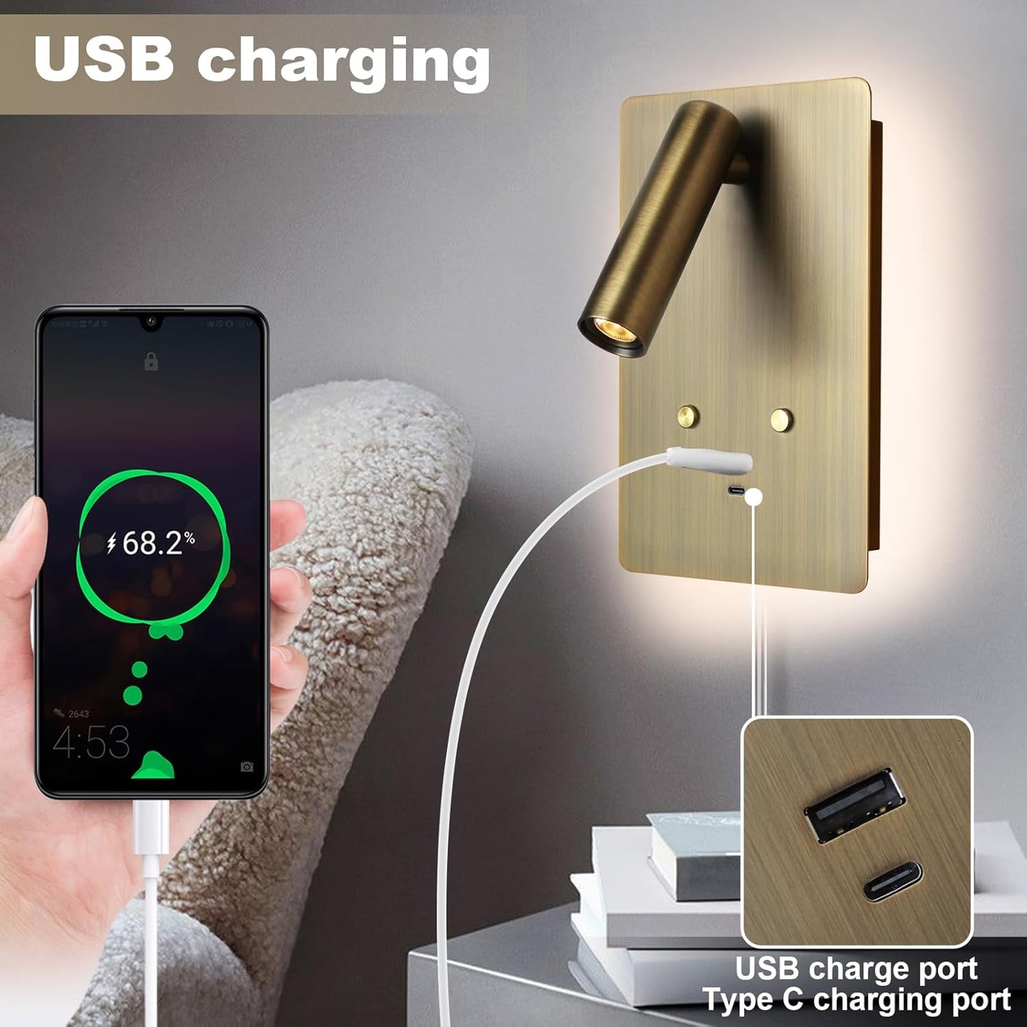 ZEROUNO Wall Mounted Reading Light Set of 2,Dimmable Adjustable Headboard Plug in Wall Sconce with USB A+C Ports,Touch Control Wall Light for Bedroom Bedside Lamps