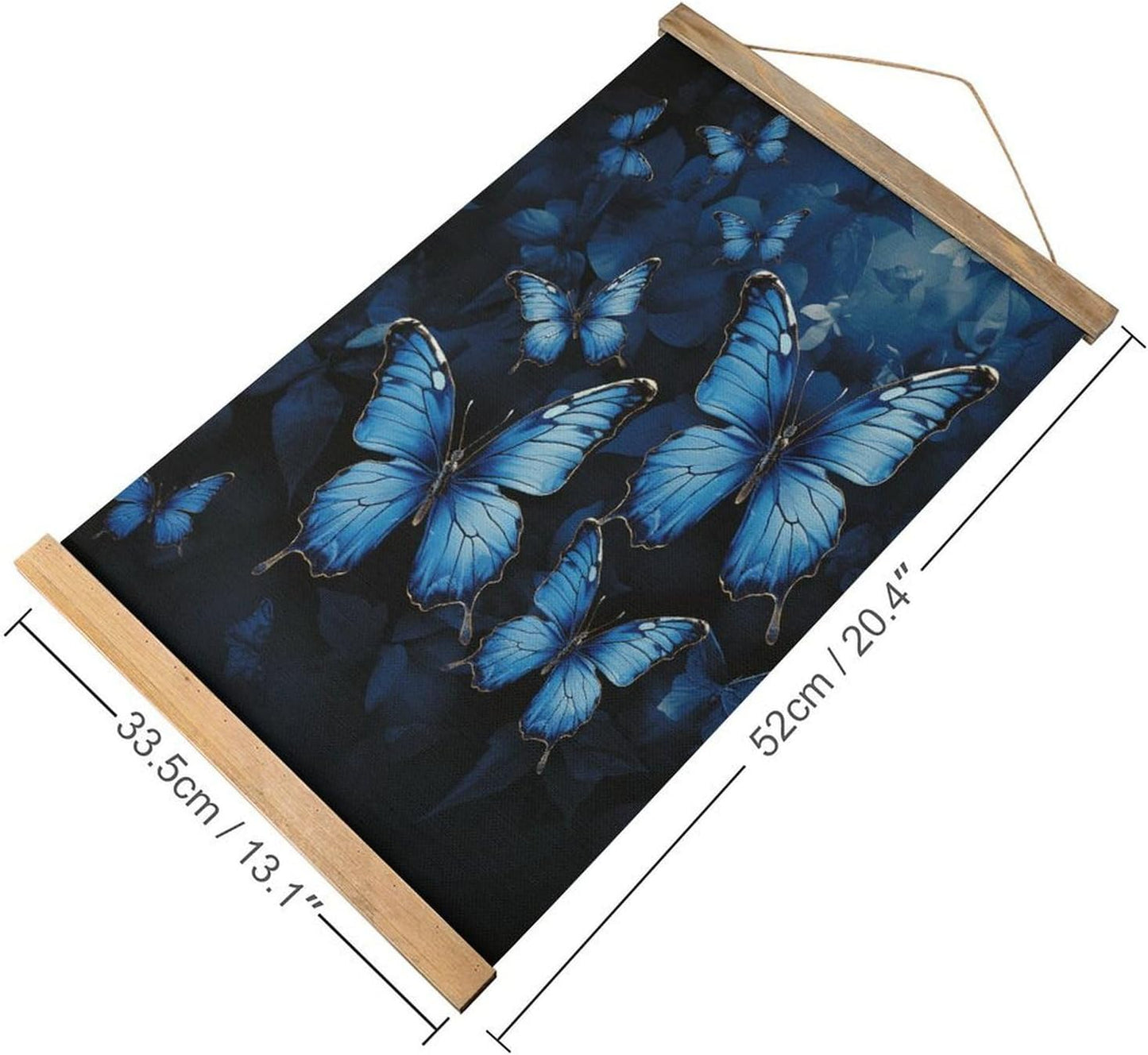 Vintage Dark Blue Butterflies Poster with Wooden Frame Personalized Linen Hanging Scroll Painting Rustic Wall Hanging Illustrative Modern Artwork Decor for Home Living Room Bedroom Office