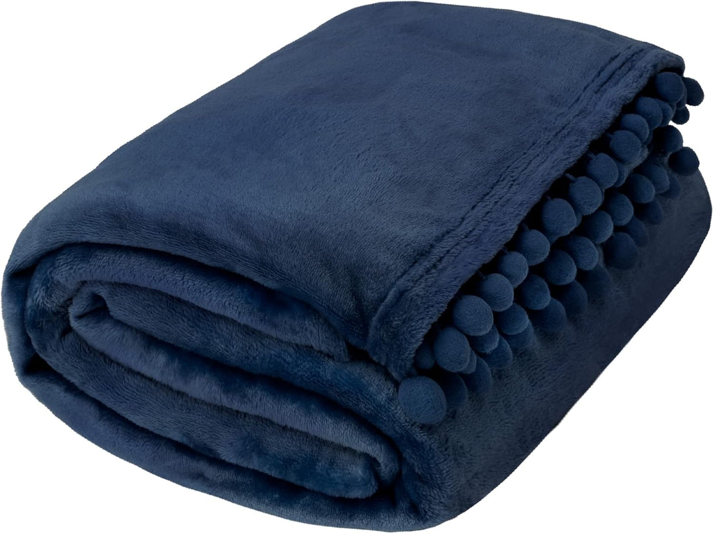 PAVILIA Fleece Throw Blanket for Couch with Pom Pom Fringe, Navy Blue, Soft Cozy Fuzzy Flannel Blanket for Sofa Bed, Large Lightweight Plush All Season Throw, 60x80 Inches