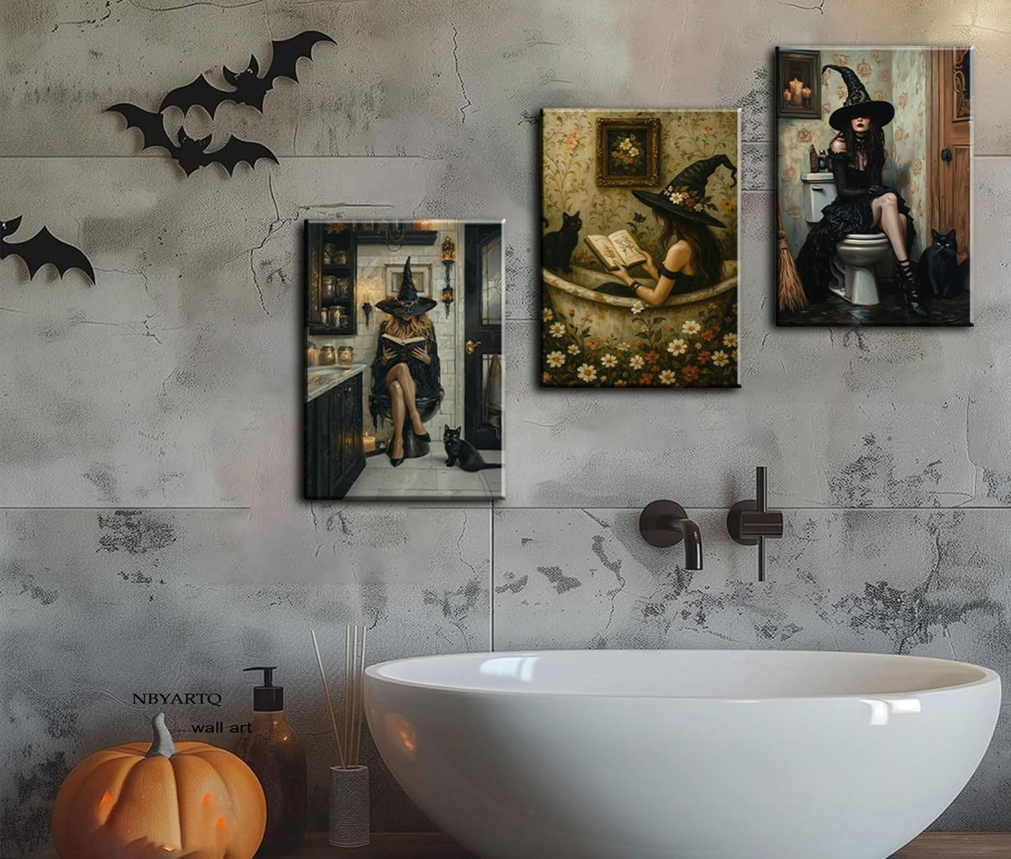 3Pcs Gothic Bathroom Canvas Wall Art Black Cat and Witch Reading Book in Bathtub Poster Prints Dark Academia Wall Decor picturesfor Bathroom Gallery Toilet Restroom Home Decoration