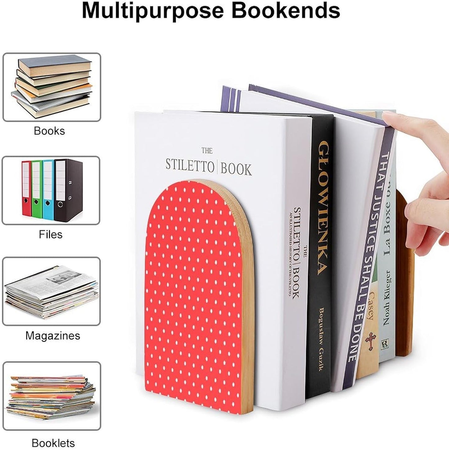 Red and White Polka Dots Wooden Bookend Non-Slip Book Ends Heavy Duty Book Stopper with Metal Base Books Holderd Decorative Bookends Stands Firmly for Office Supplies