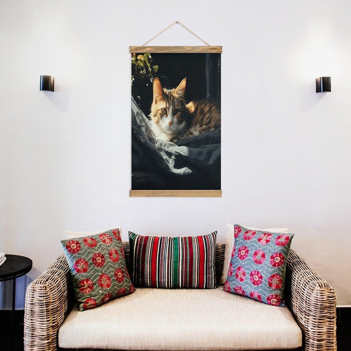Vintage Resting Cat Poster with Wooden Frame Personalized Linen Hanging Scroll Painting Rustic Wall Hanging Illustrative Modern Artwork Decor for Home Living Room Bedroom Office