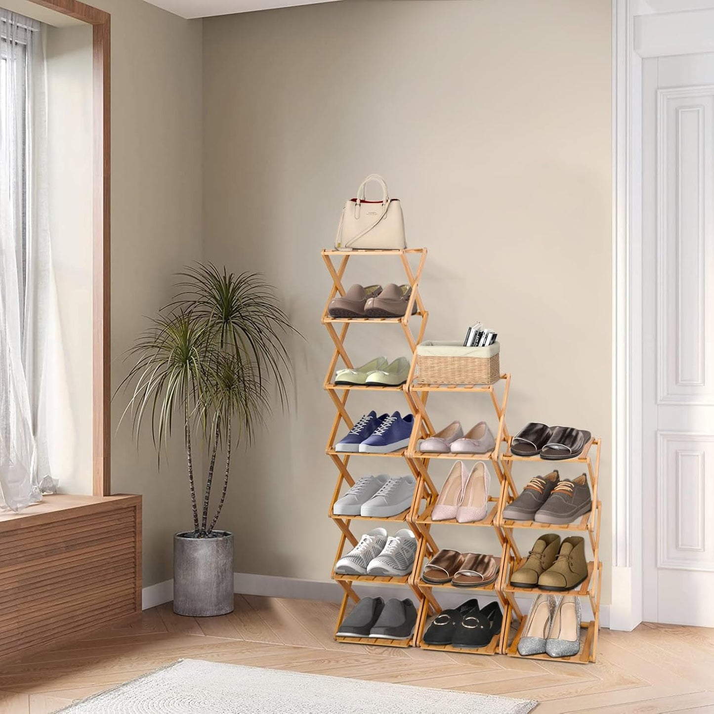 Vertical Narrow Shoe Rack, 7 Tier Portable Folding Shoe Storage Rack, Without Installation Free Standing Shoe Rack for Corridors, Bedrooms Living Room Corner and Small Spaces (7 Tier)