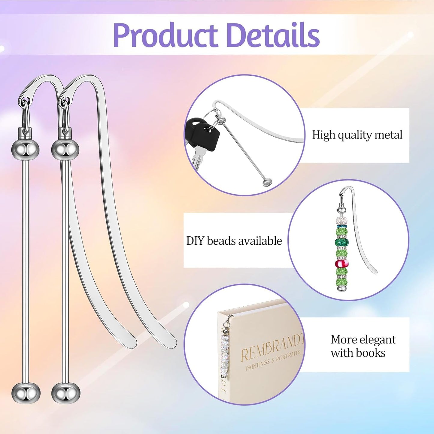 24 Pcs Beadable Bookmarks, DIY Silver Blank Bar Bookmarks for Beads Craft Metal Pendant Charm Gifts for Teachers, Students, Book Lovers, Office Supplies