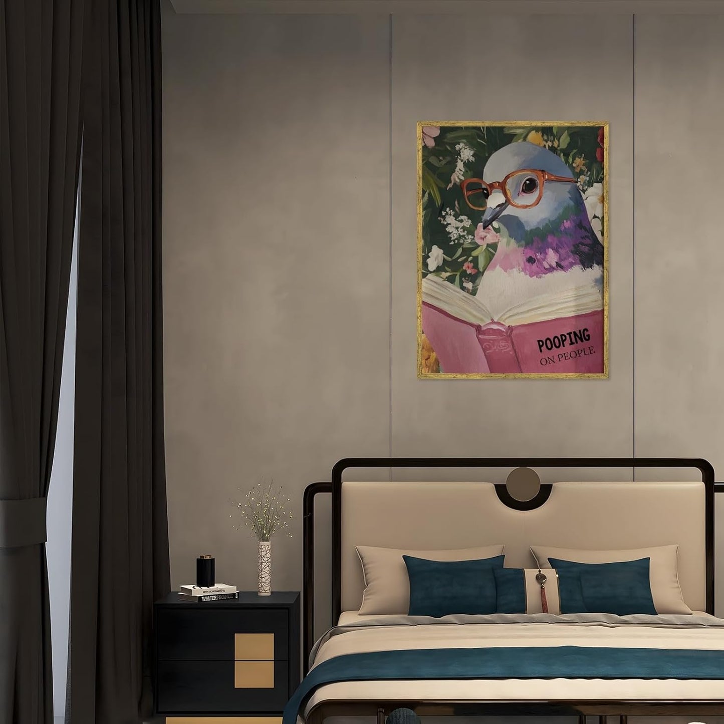 Humorous Pigeon Reading Poster Bathroom Wall Art Quirky Wall Decor Cheeky Animal Canvas Print For Bathroom Office Library8x10inch Golden frame