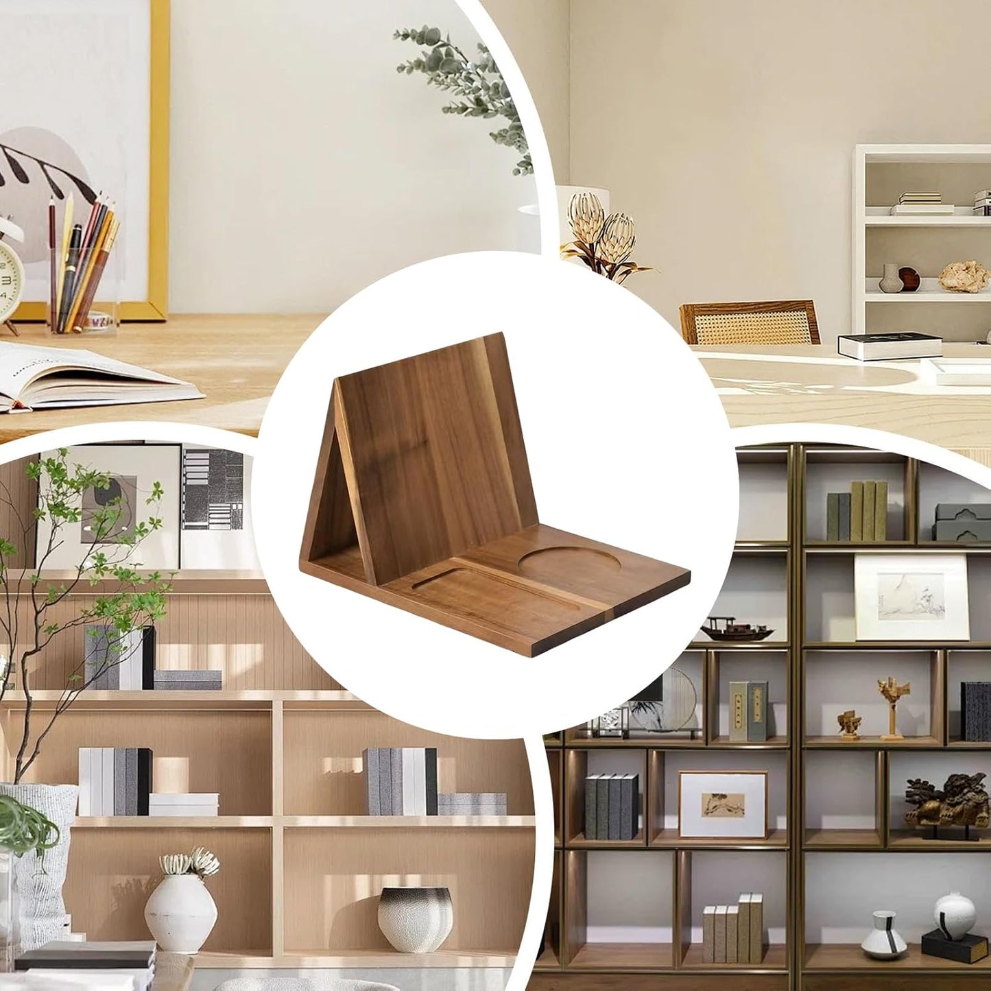 Book Rest - Wooden Triangle Book Stand with Cup and Phone Slot, Page Holder Display for Home Decor, Bedroom, Living Room, Office, School, Desk, Nightstand