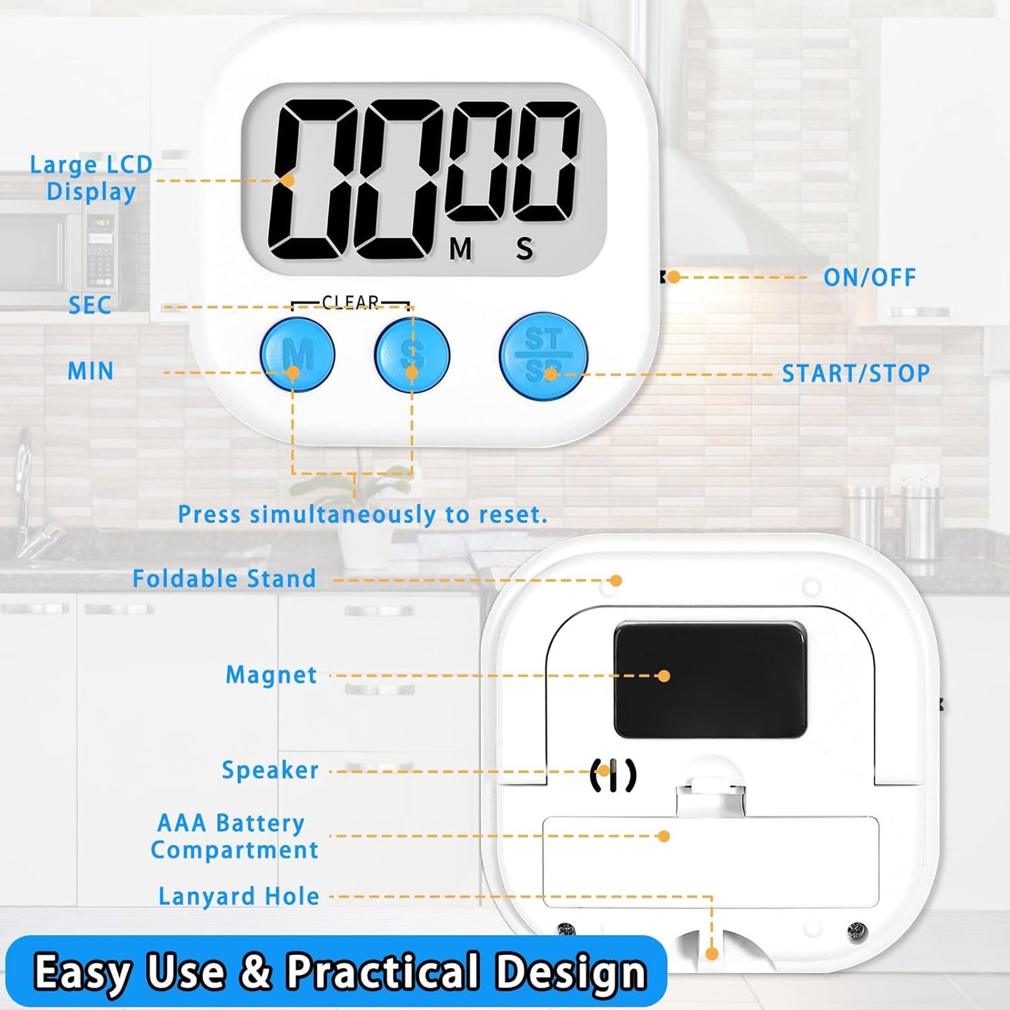 Lasubst Digital Kitchen Timers for Cooking, Magnetic Classroom Timers for Teachers Kids, Back to School Supplies Bulk (6 Pack, Black White Pink Purple Blue Green)
