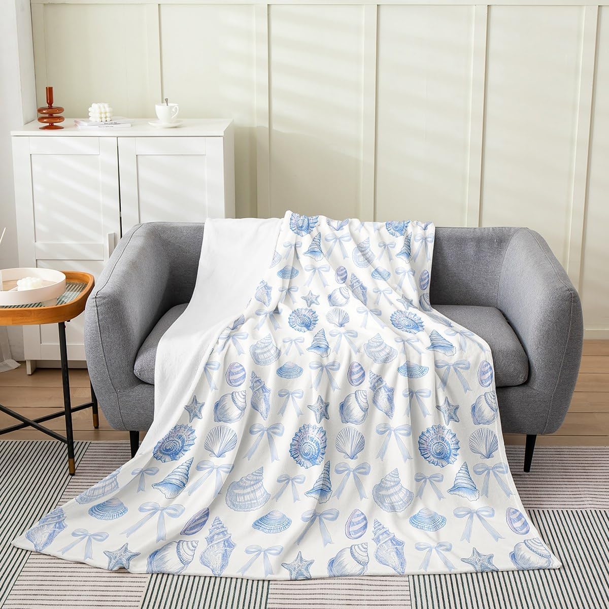 Coastal Throw Blanket Boys Girls,Summer Beach Shell Conch Graffiti Fuzzy Blanket All Seasons Bed Blanket,Hawaii Seaside Blue Bowknot Princess Bow Girly Plush Blanket,Twin (60 x 80 Inches)