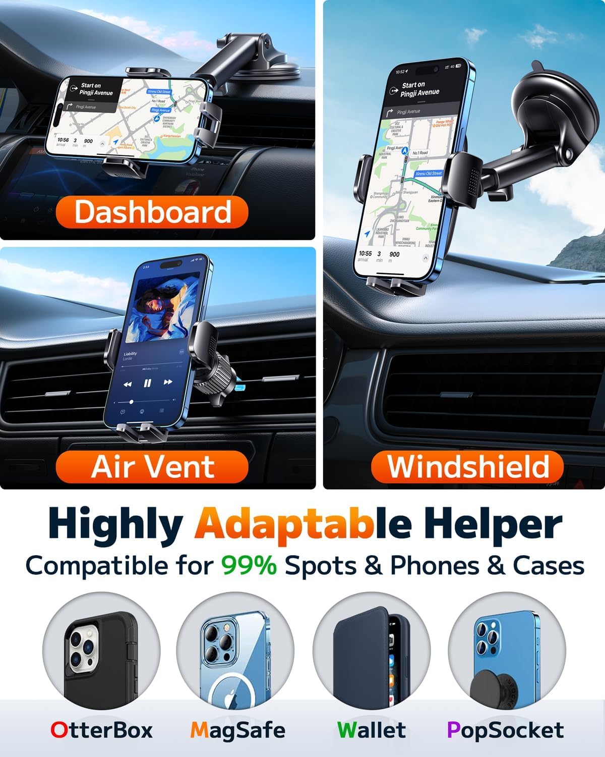 Qifutan Car Phone Holder Mount Phone Mount for Car Windshield Dashboard Air Vent Universal Hands Free Automobile Cell Phone Holder Fit for iPhone Smartphone Camera Mounts