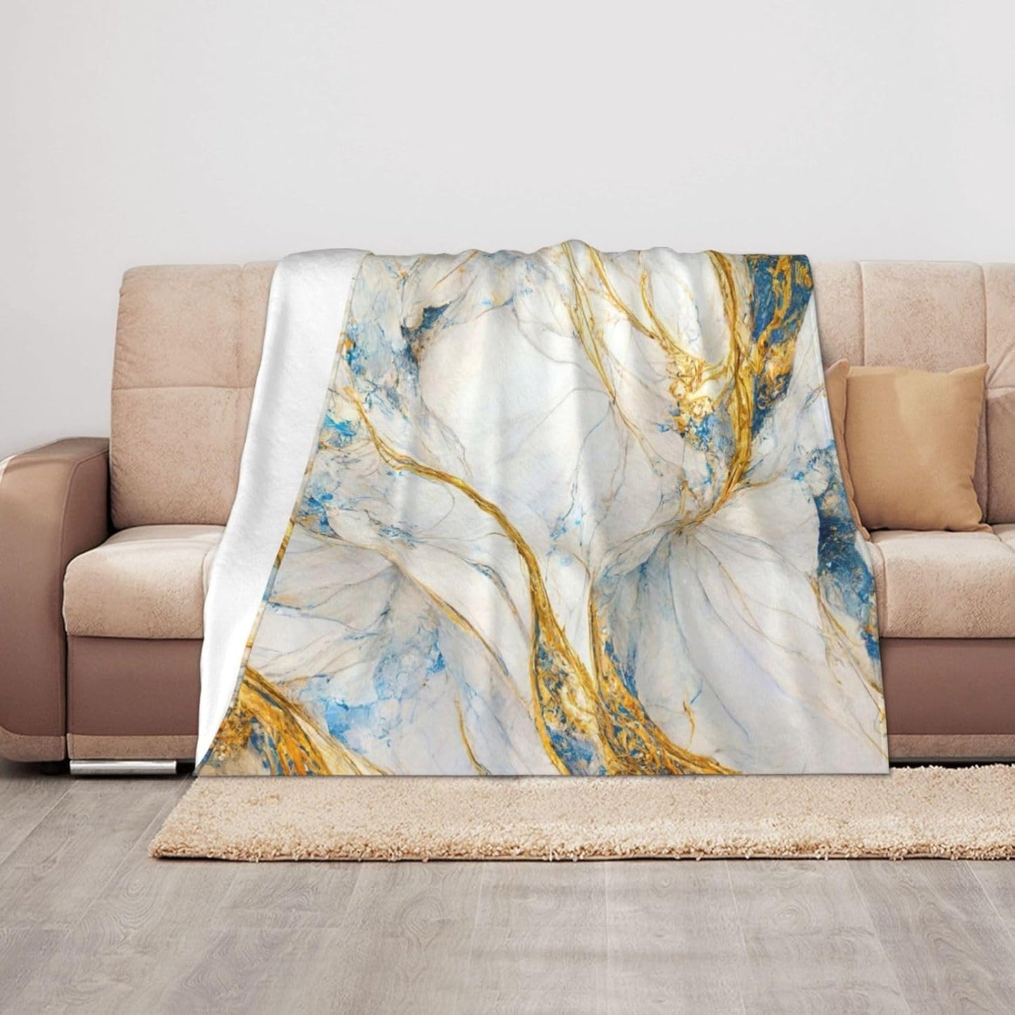 Abstract Luxury Blue Gold White Colors Marble Throw Blanket Cozy Warm Blankets Soft Flannel Blankets Gift Home Bedding Living Room Couch Sofa Bed for All Seasons Blanket 40x50inch