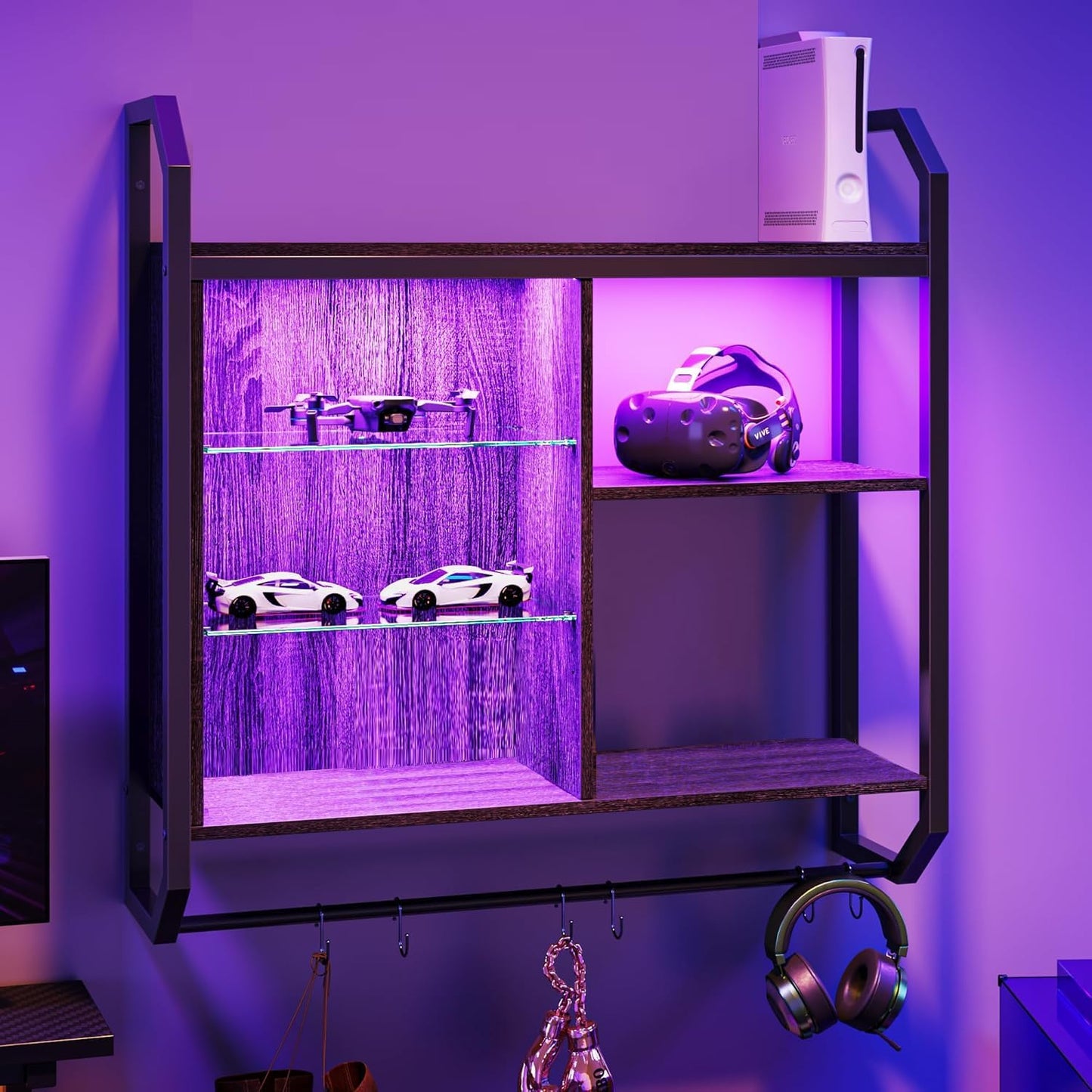 Bestier Gaming Floating Shelves, 34" LED Wall Mounted Shelf with Adjustable Glass Shelf, Pipe Shelves Hanging Display Rack Bookshelf with 6 S-Hook, Gaming Room Decor Wine Coffee Bar Black