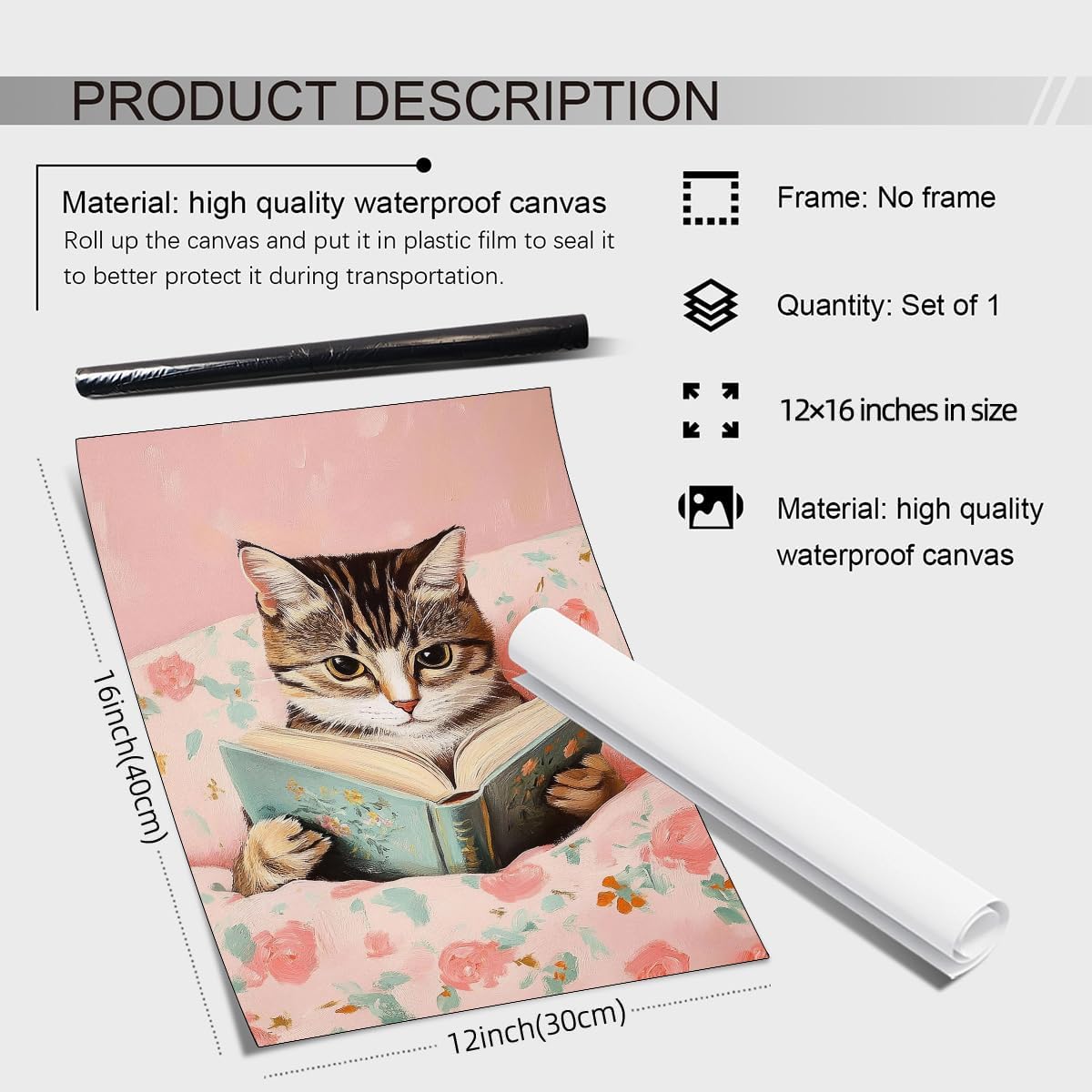 Funny Tabby Cat Reading Books Canvas Wall Art Pink Girly Room Posters Cute Animal Kids Prints Vintage Cat Lovers Wall Decor For Teen Bedroom Dorm Living Study Room 12x16in Unframed