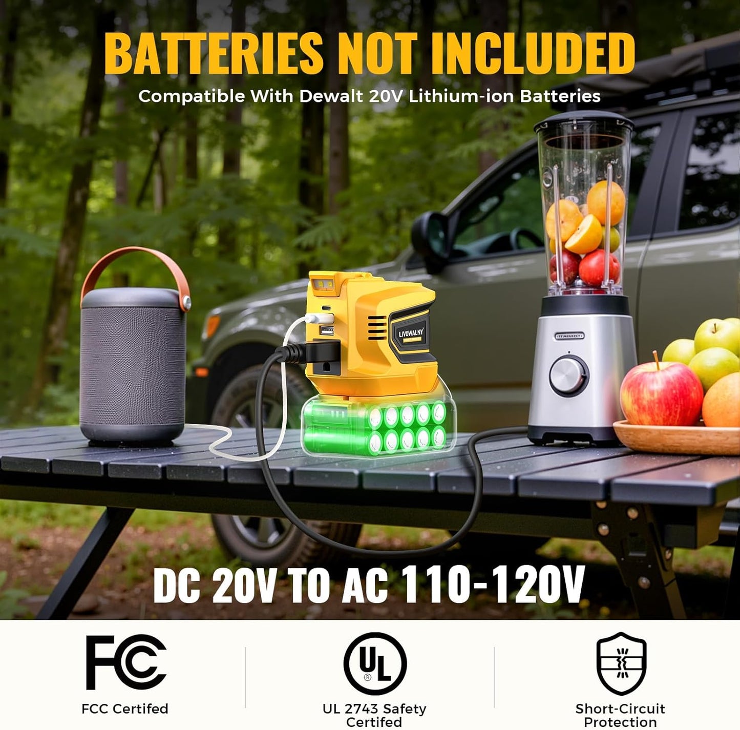 LIVOWALNY 200W Power Inverter Compatible with DeWALT 20V Battery, DC 20V to AC 110-120V Power Station with 1 AC Outlet, 2 USB, 1 Type-C & LED Light, for Camping Power Outage (No Battery)