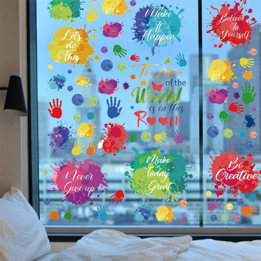 PLIGREAT 9 Sheets Colorful Inspirational Quotes Window Stickers, Watercolor Ink Handprints Window Clings Peel and Stick Windows Decals for Nursery Bedroom Classroom Sliding Glass Door Home Decor