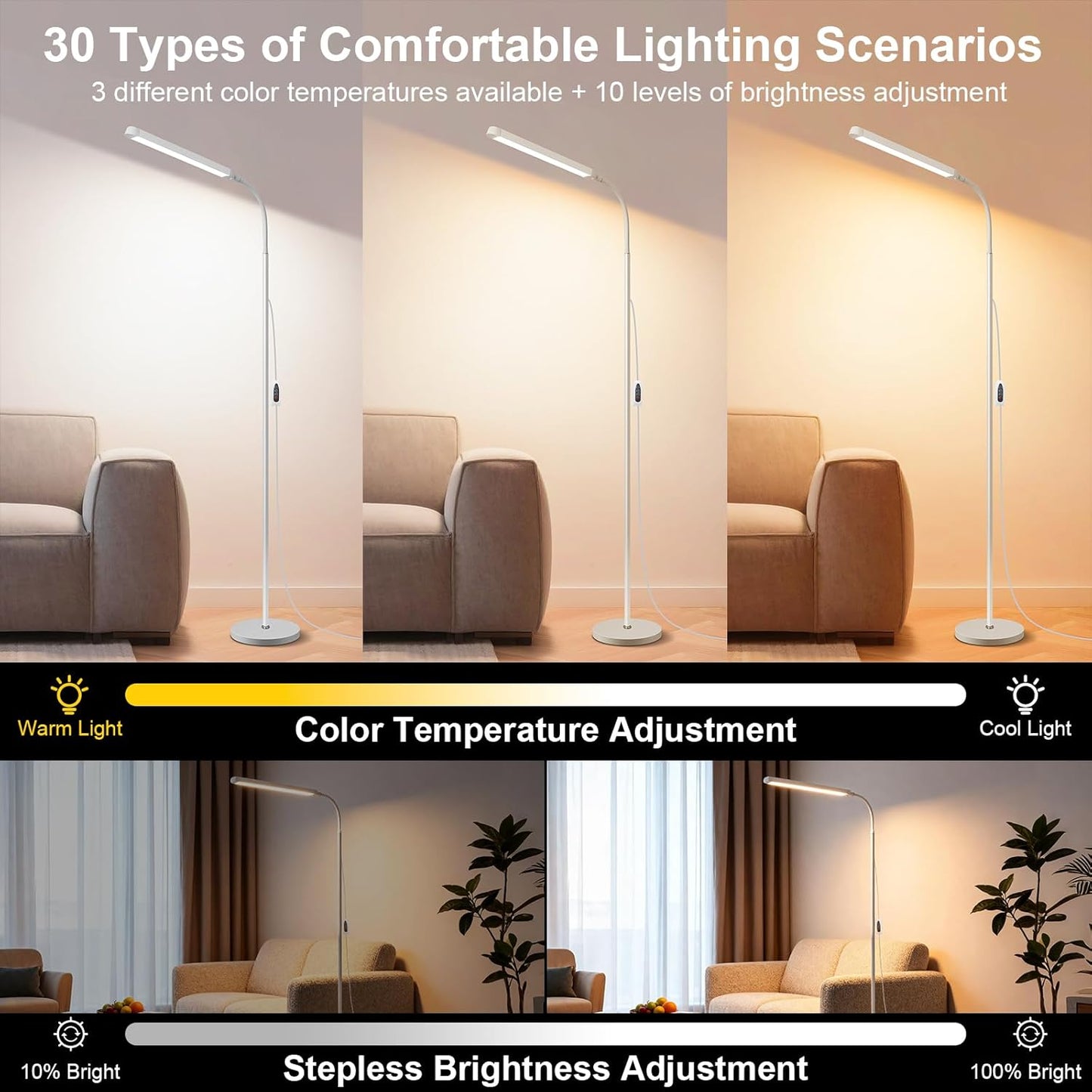White 12W LED Bright Reading Floor Lamp for Living Room Bedroom Bedside Office Library, Eye-protection flicker-free adjustable from 3000-6000K ,Eyelash Tattoo Makeup Tall Standing Dimming Light