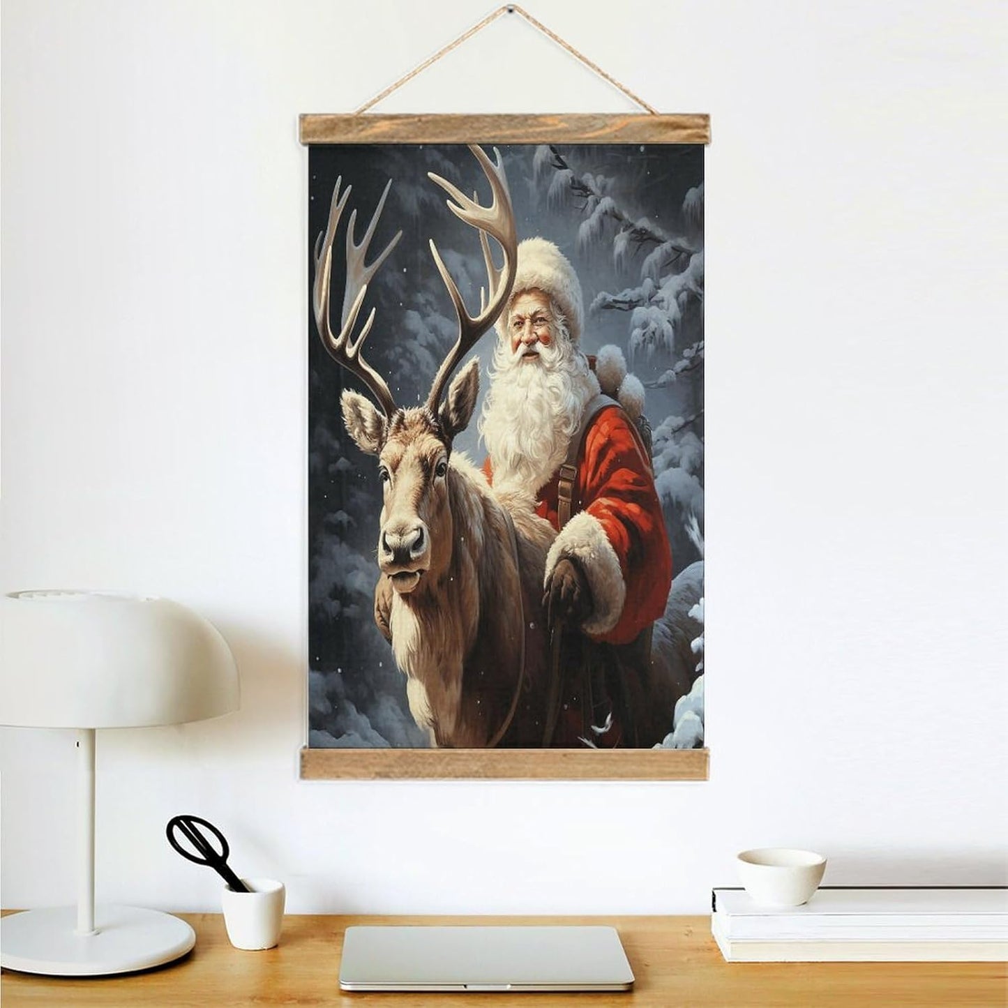 Vintage Santa Claus And Deer Elk Poster with Wooden Frame Personalized Linen Hanging Scroll Painting Rustic Wall Hanging Illustrative Modern Artwork Decor for Home Living Room Bedroom Office