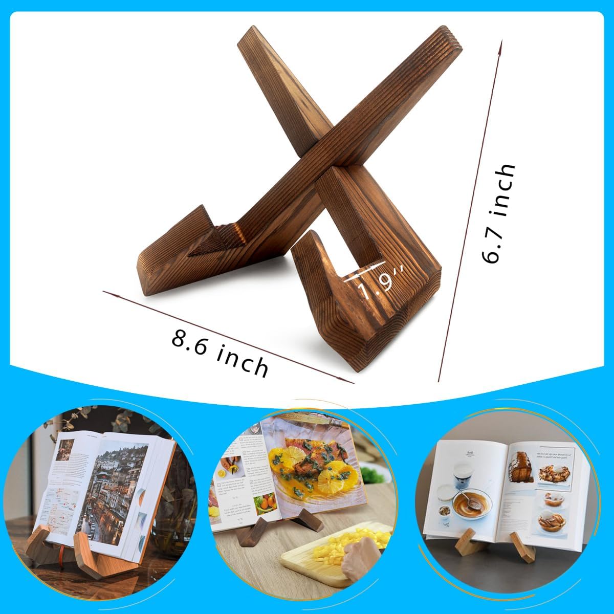 masteymoh Rustic Cookbook Holder Stand for Kitchen, Recipe Book Holder for Kitchen Counter, Wooden Kitchen Book Holder, Rustic Cook Book Holder Stand with Natural Wooden Grains (1 in Brown)