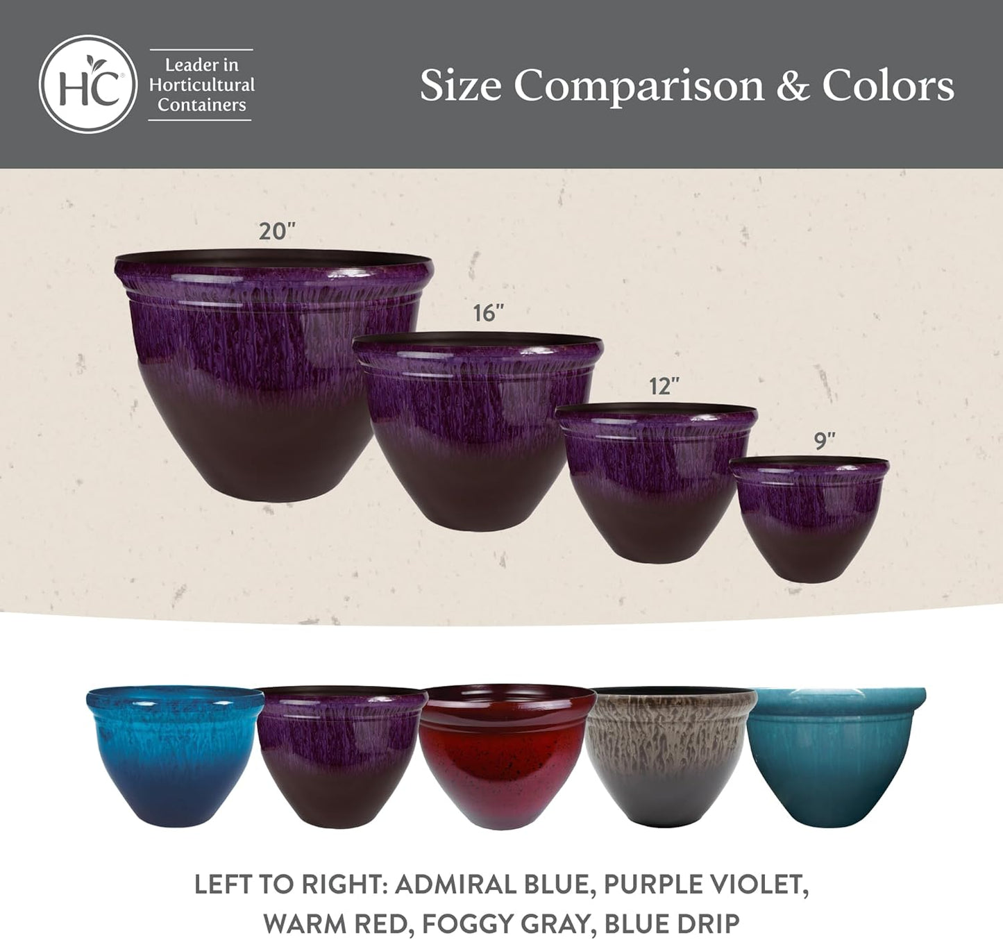 The HC Companies 12 Inch Pizzazz Round Planter Pots with Ceramic Look, Lightweight UV-Resistant Plastic Indoor & Outdoor Planters, 2-Pack Flower Pots for Garden & Home Decor, Purple Violet