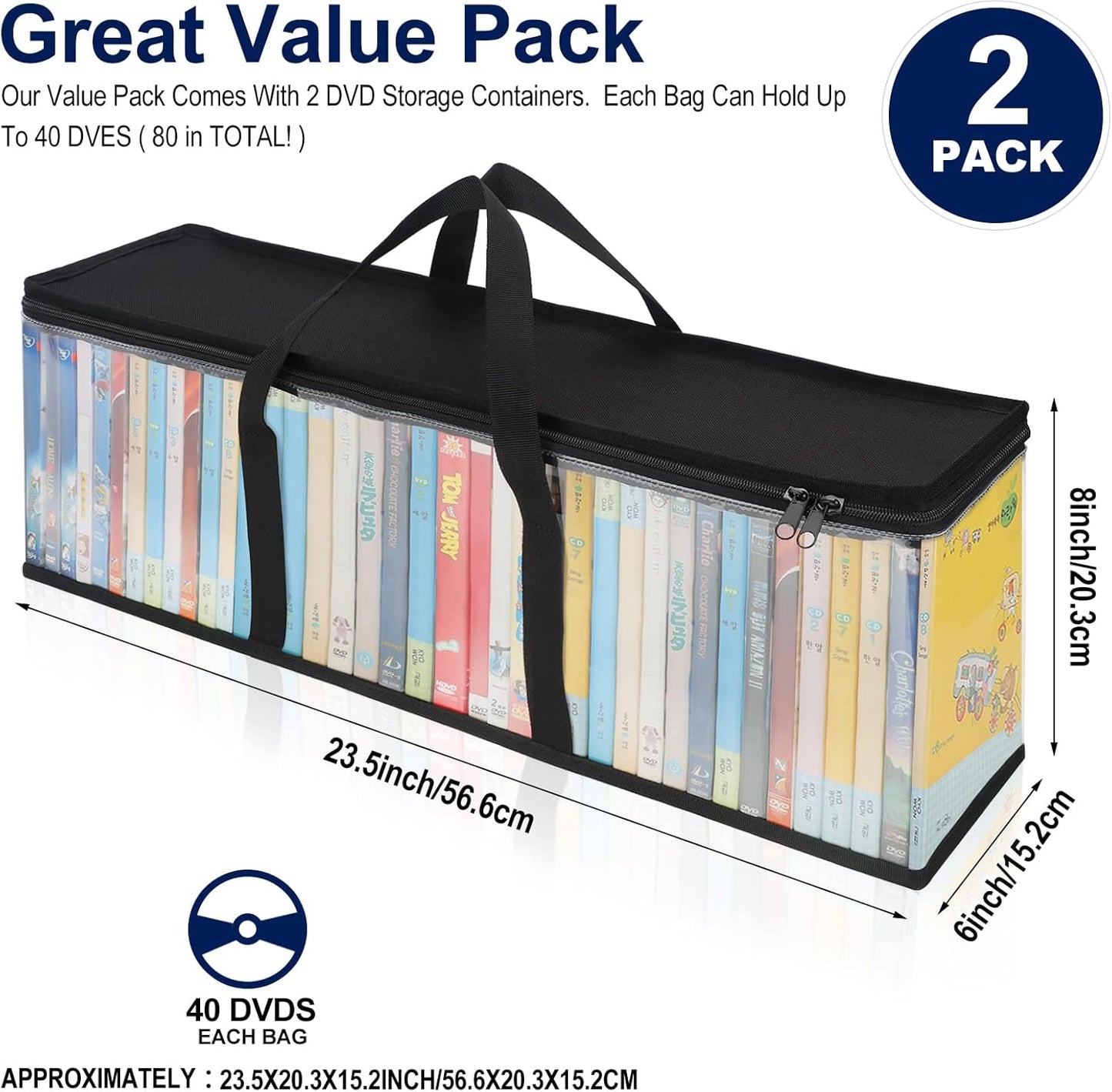 CCidea DVD Storage Bags (Set of 2) Clear PVC Media Holder Case with Handles for DVDs/CDs/VHS Box/Blu Ray Disc/Movie Cases/Video Games Discs - Each Bag Holds up to 40 DVDs