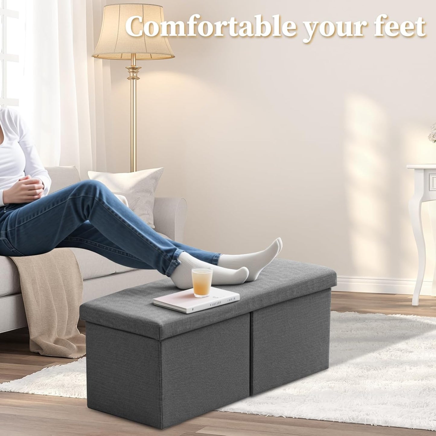 Storage Ottoman Bench with Folding Lid Ⅲ, Foot Stools Opens on Both Ends, Footrest Foldable Linen Chest for Living Room, Bedroom, Entryway, End of Bed Storage Blanket Ottomans Dark Gray