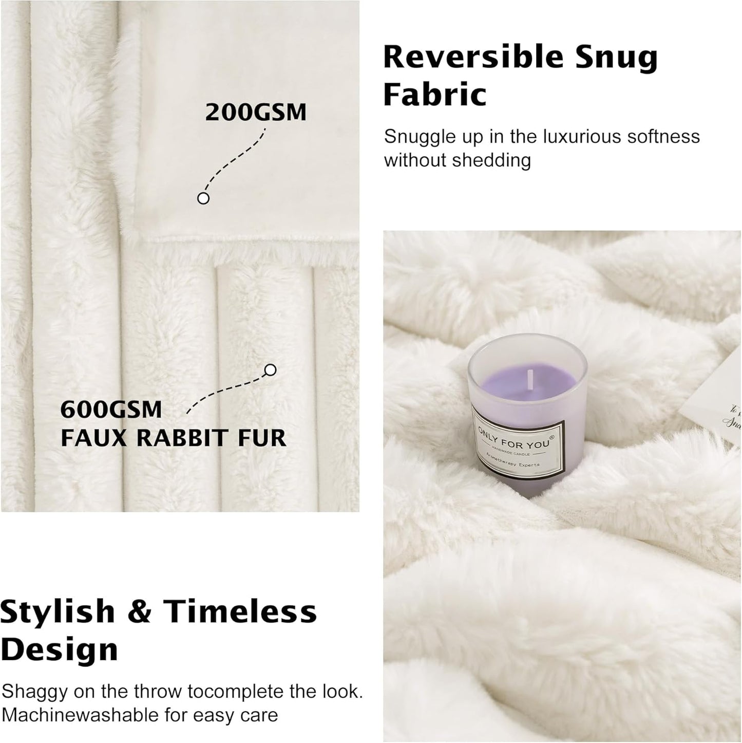 Faux Fur Throw Blanket for Couch,Cozy Soft Plush Thick Striped Luxury Blanket for Sofa Living Room Bedroom,50 * 60 Inches, White