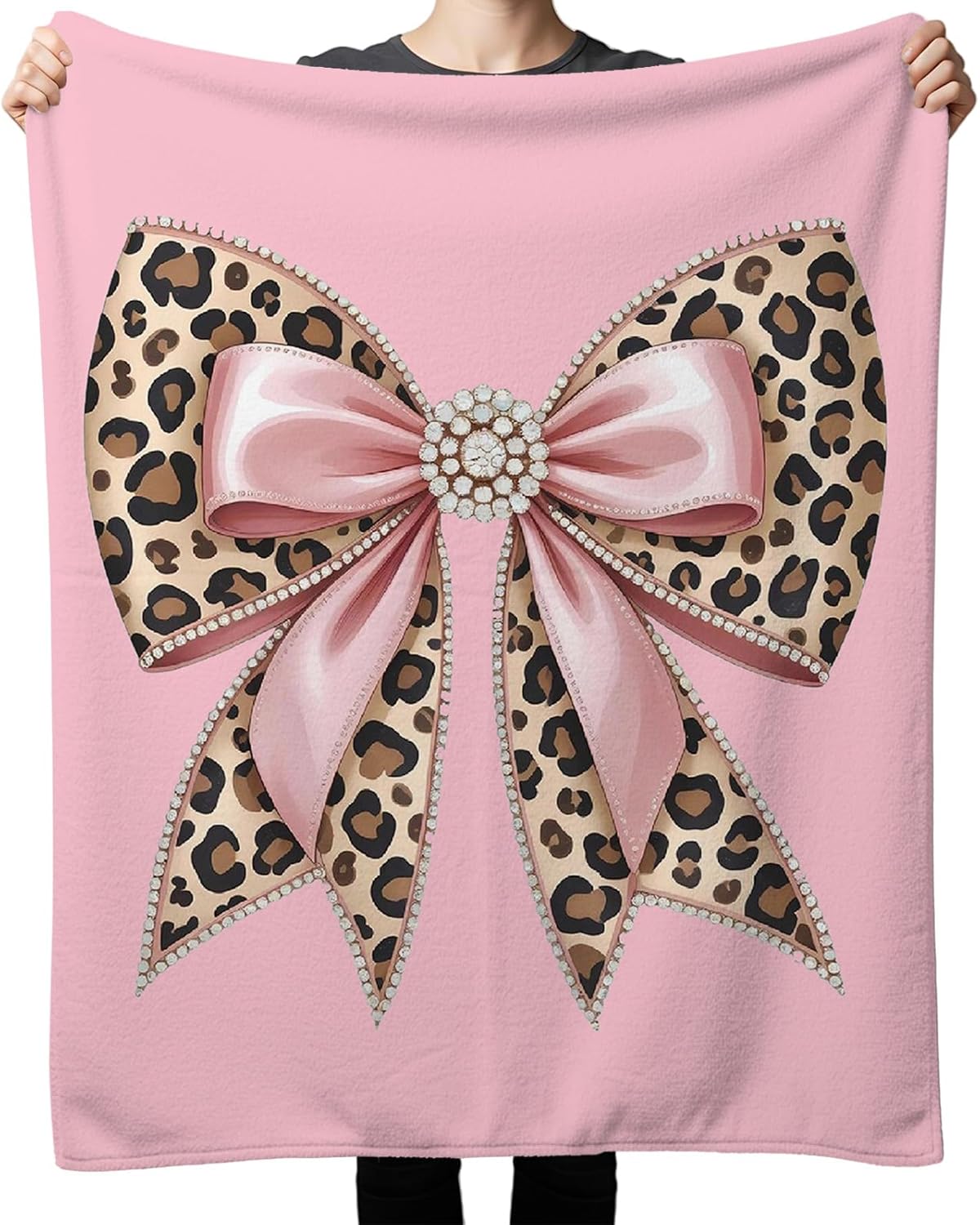 Trendy Pink Cheetah Print Bow Throw Blanket, Pink Coquette Room Decor, Funky Y2k Girly Leopard Blanket for Girls Dorm Home Bedroom Living Room Couch Bed Sofa Decoration, 50x60 Inches