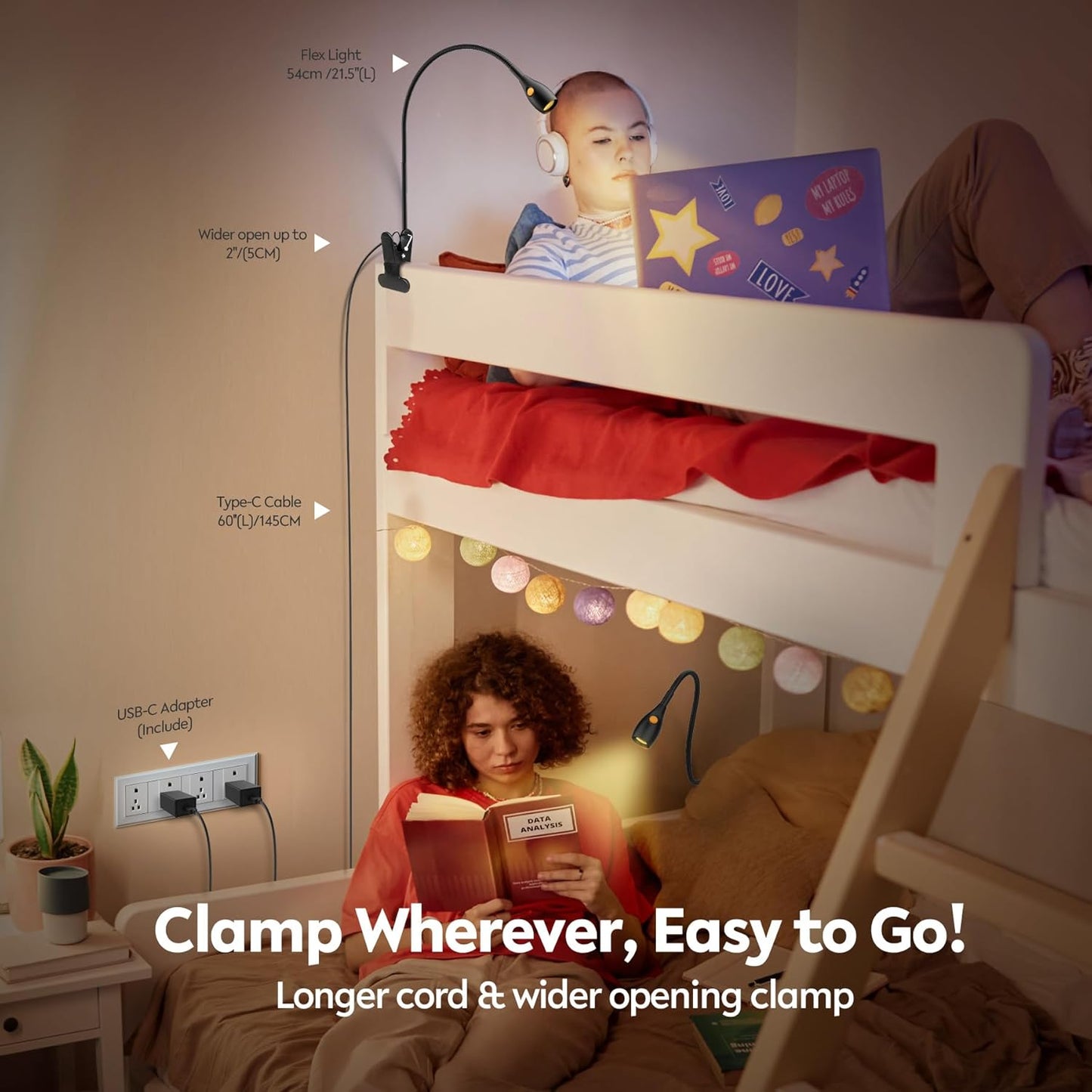 acegoo Minimalist Reading Light for Bed Headboard Dimmable Book Light Clip on Lamp with USB-C Adapter, Flexible Neck & Handy Lamp Head Switch, CRI 95+