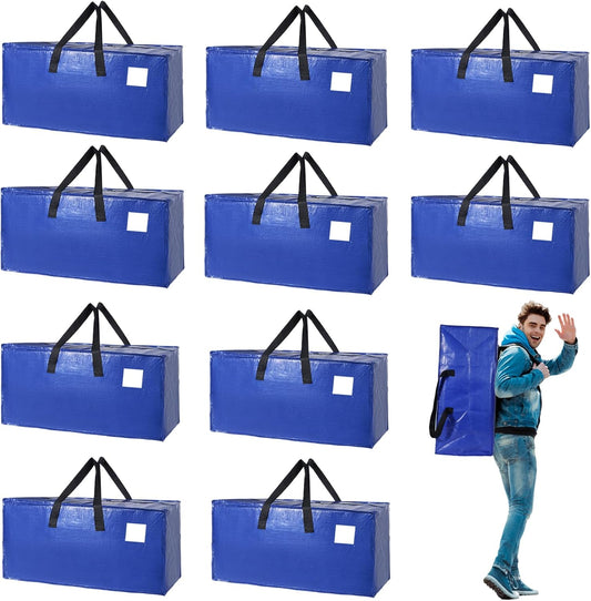 10 Pack Moving Bags Heavy Duty Extra Large Storage Bags with Zippers, Handles, Backpack Straps Packing Bag for Moving College Dorm Room Essentials, Camping, Travel, Clothes 93 L 25 Gallons(Blue)