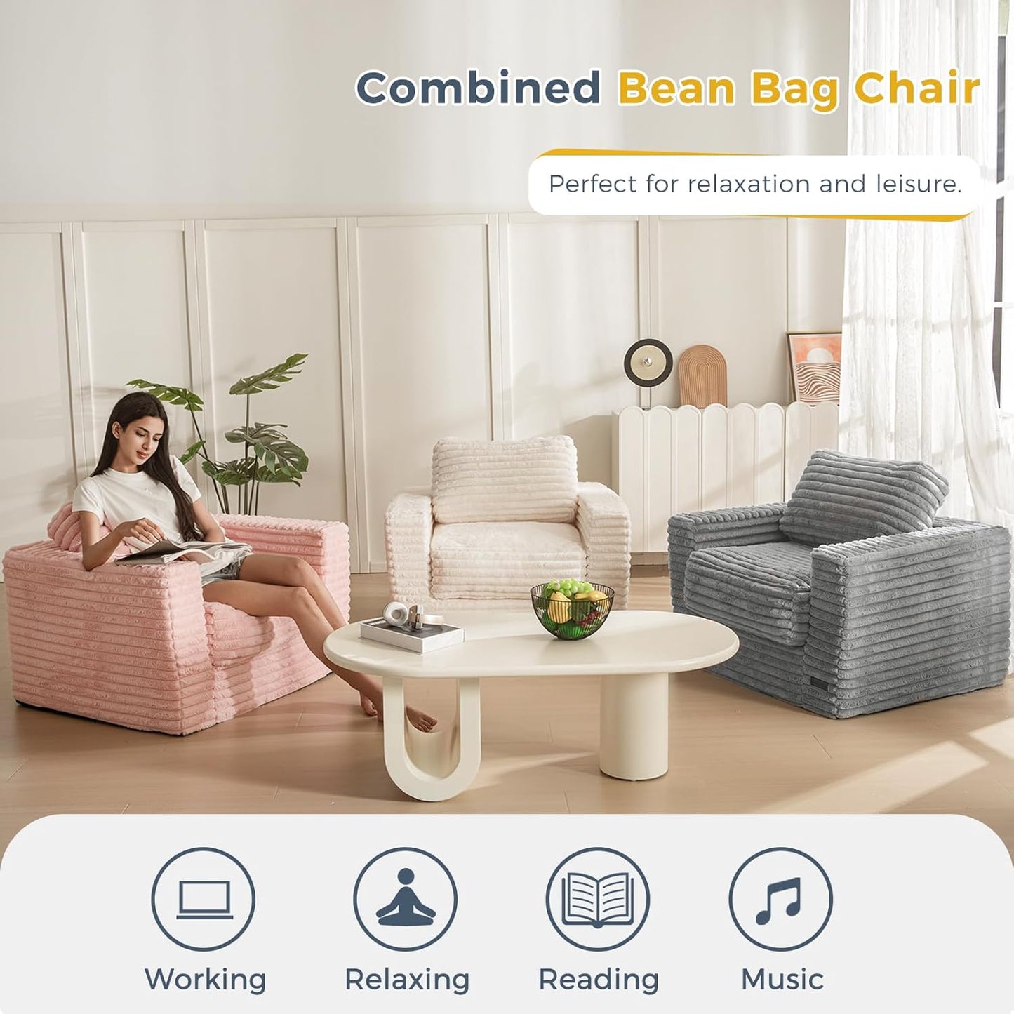 MAXYOYO Giant Bean Bag Chair for Adults, Upholstered Floor Sofa with Pillows and Armrests, Large Bean Bag Sofa Plush Chair Bean Bag Couch for Bedroom Living Room, White