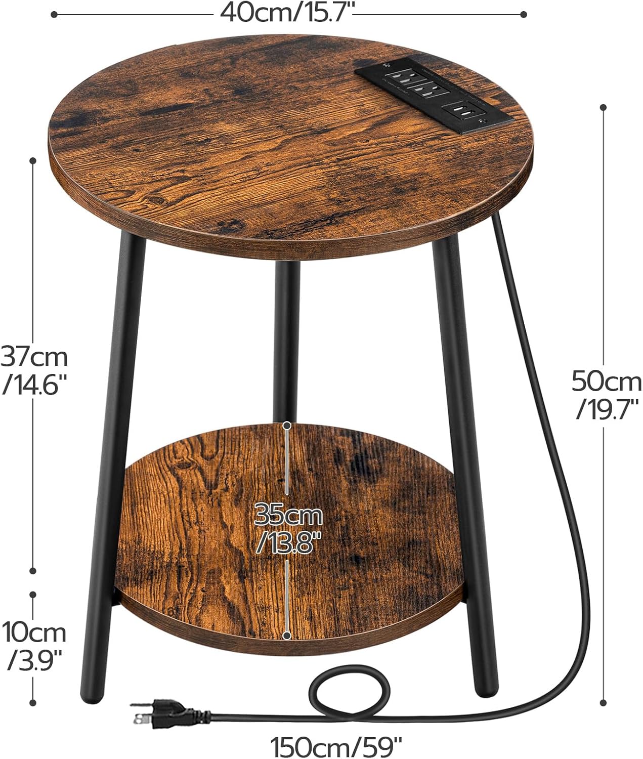 HOOBRO Round End Table with Charging Station, 2-Tier Small Circle Side Table, Round Accent Table for Living Room, Bedroom, Rustic Brown BF671BZ01