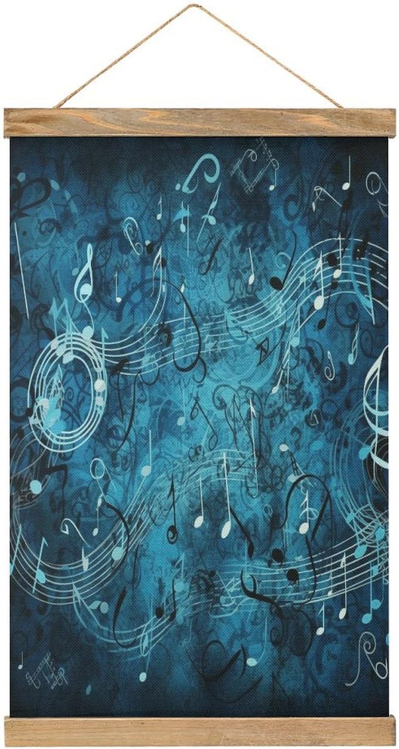 Vintage Blue Musical Notes Poster with Wooden Frame Personalized Linen Hanging Scroll Painting Rustic Wall Hanging Illustrative Modern Artwork Decor for Home Living Room Bedroom Office