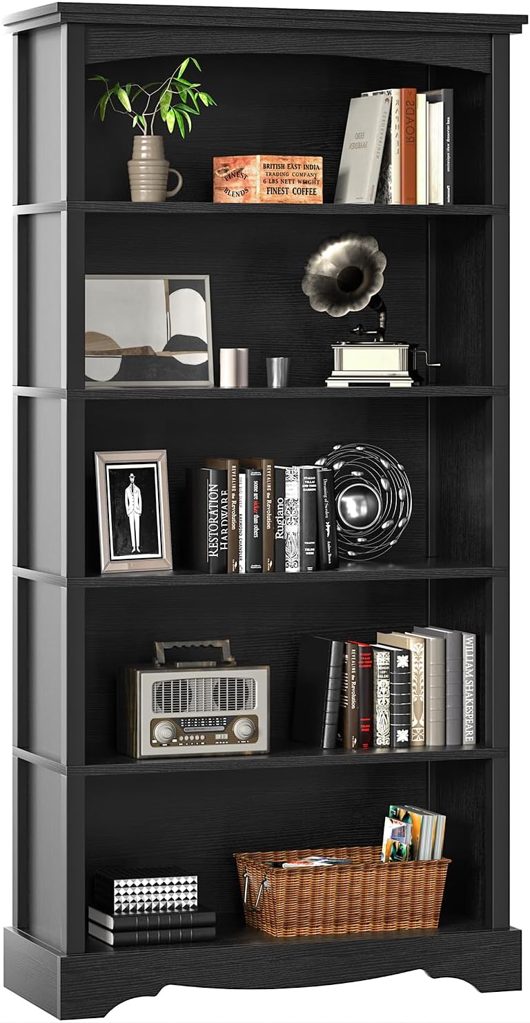 TVU 5-Tier Wooden Bookshelf, 65 Inch Tall Bookshelf with Storage, Floor Standing Modern Style Display Bookcase for Living Room, Office, Study Room, Entryway, Black