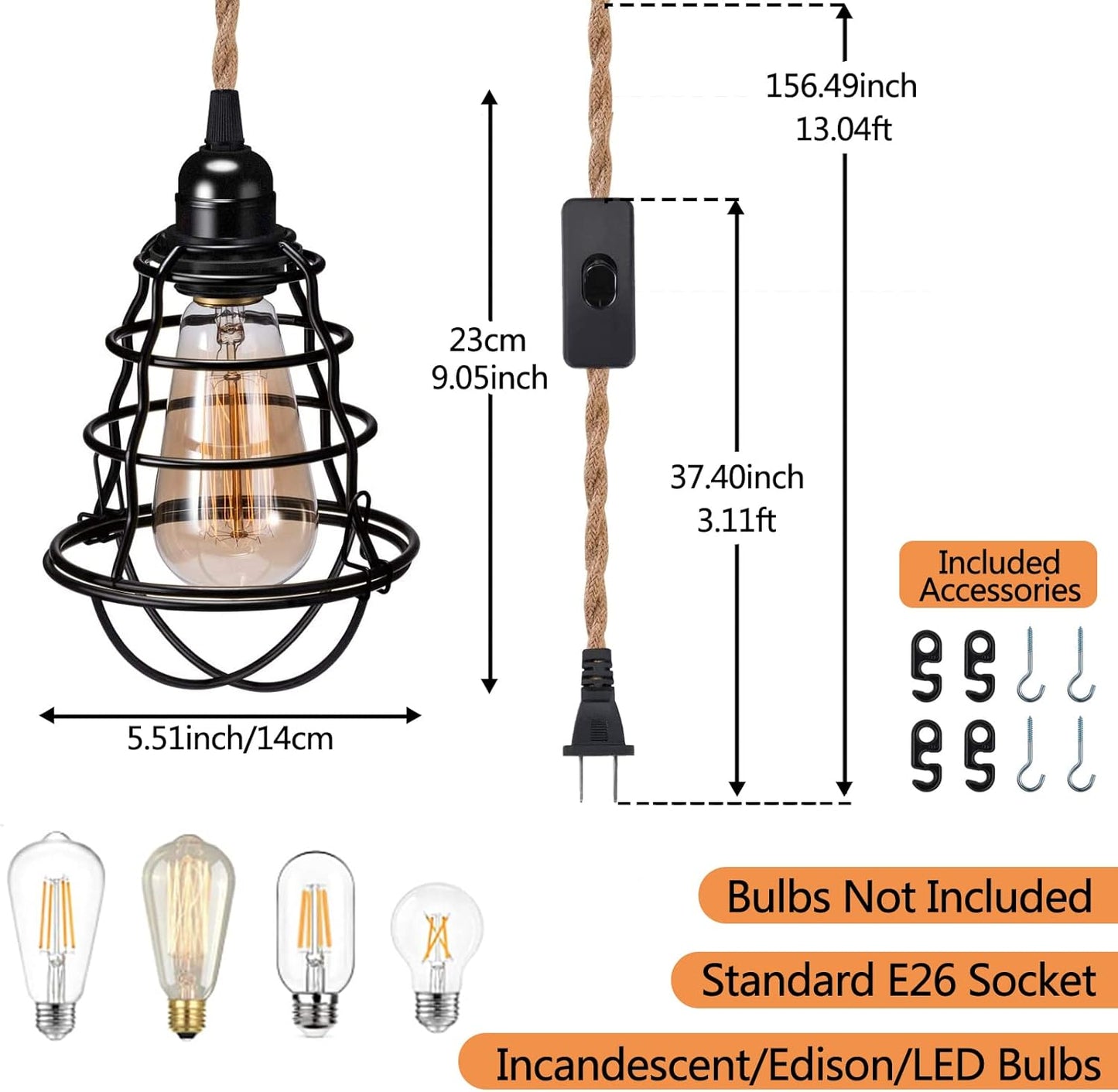Asnxcju Industrial Plug in Pendant Light, Vintage Hanging Lights with Plug in Cord, Metal Cage Hanging Lamp with 13ft Hemp Rope Plug in Pendant Lighting Fixture On/Off Switch 2 Pack