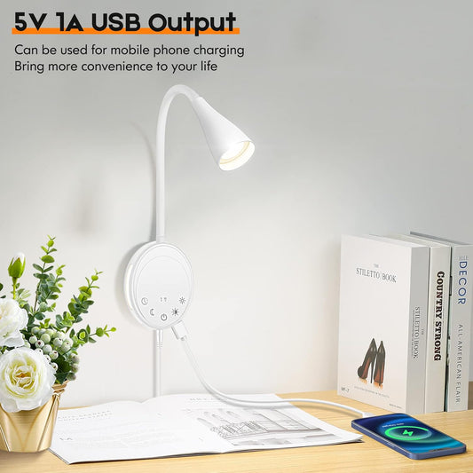 LED Wall Mount Reading Light, Bedside Reading Lights with Touch Control, 5 Dimmable, USB Output, Night Light & Timers, Flexible Gooseneck Headboard Bed Lights Wall Sconce (White-2P)