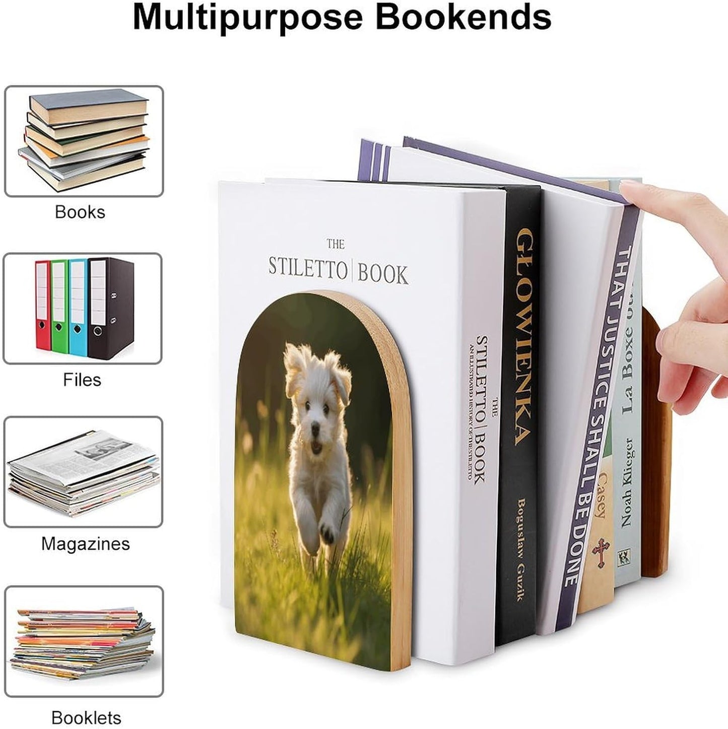 Puppy Crossing The Grass Bookend for Shelves Wooden Book End Large Size Sturdy Book Holders Stoppers with Metal Base for Bookshelves Slick Decorative Bookends Stands