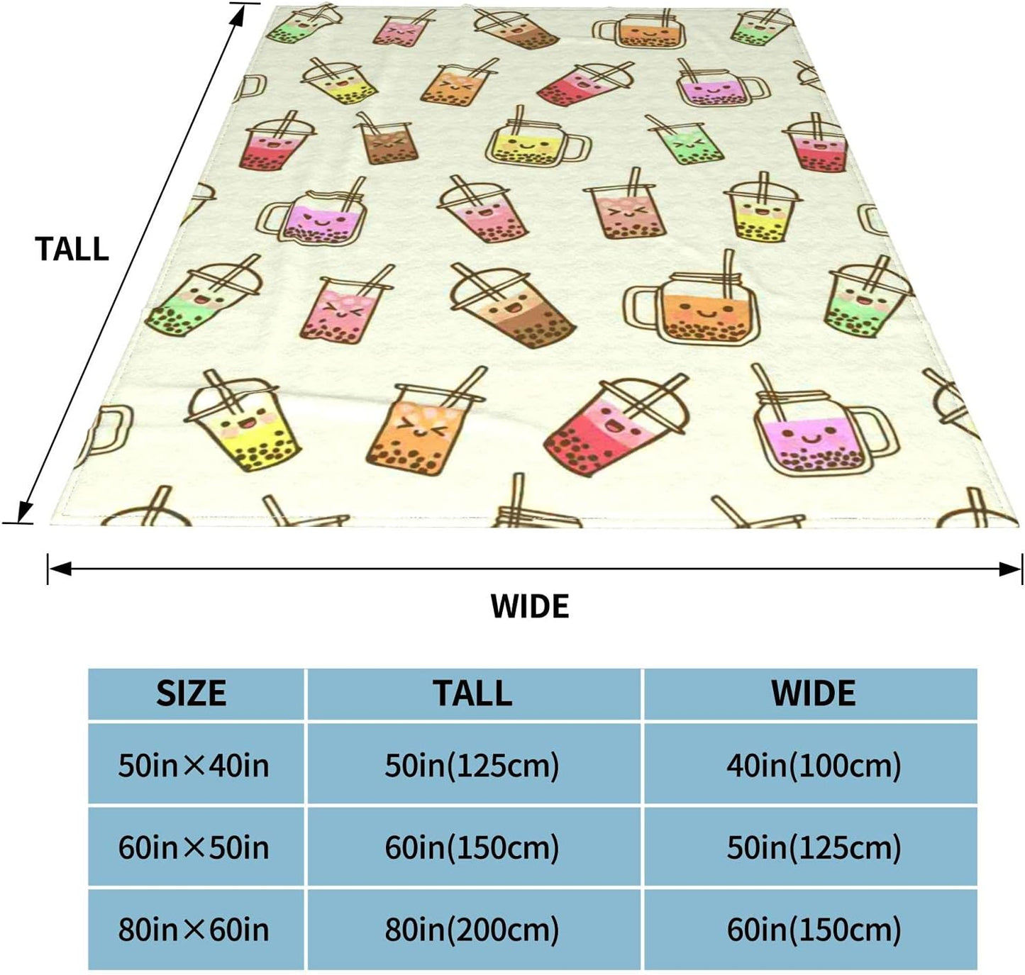 Boba Bubble Tea Blanket Kawaii Smiled Drinks with Tapioca Pearls Throw Blanket for Kids Girls, Ice Milk Tea Cozy Flannel Blanket Soft Lightweight Fluffy Sofa Plush Fleece Blanket 60"x50"