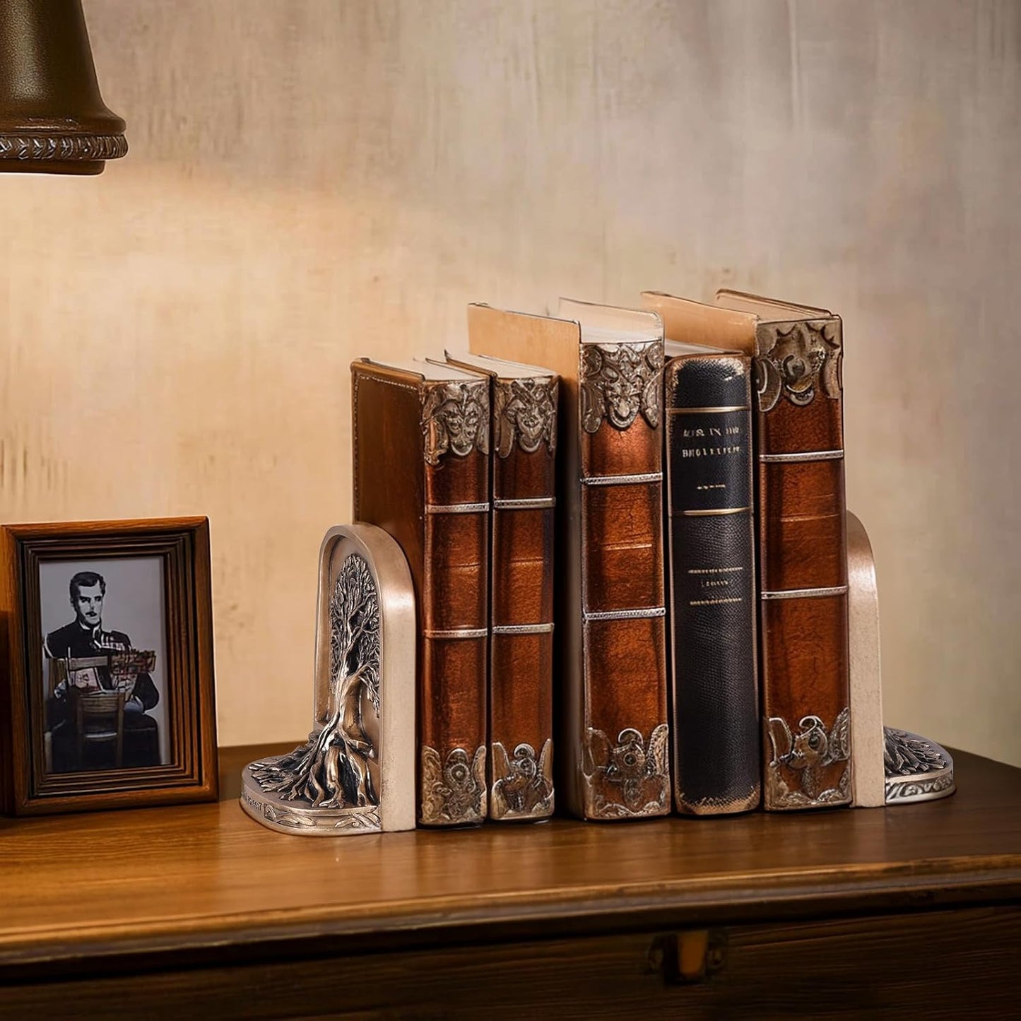 Antique Bronze Color Tree of Life Bookends Set, 2 Non-Skid Heavy Bookends for Shelves or Bookcase, Decorative Bookends for Desktop Shelf Decor, Library Office Decor, Home Décor Gift
