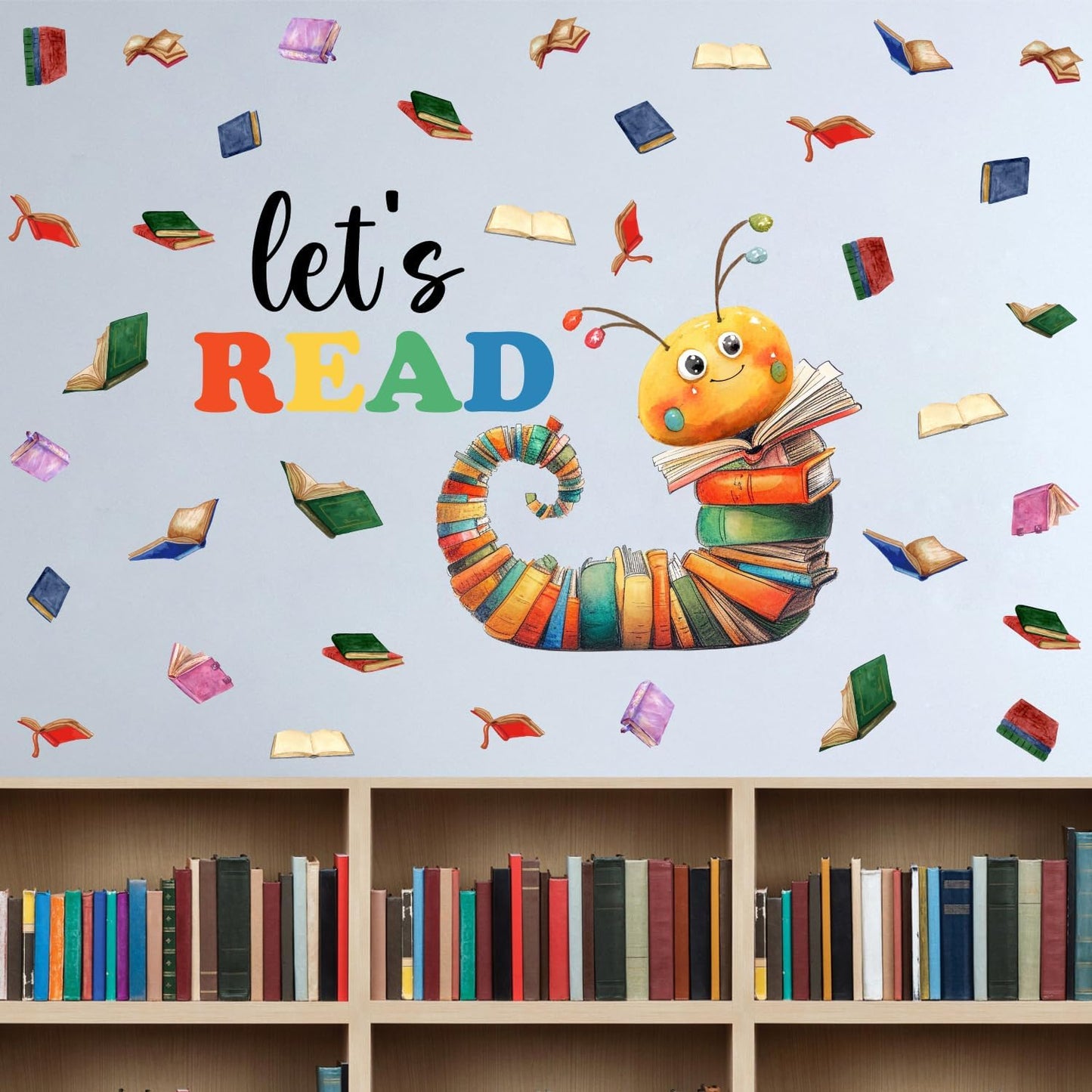 Colorful Book Caterpillar Wall Stickers, Let’s Read Classroom Vinyl Wall Decals, Removable School Reading DIY Wall Art for Kindergarten Preschool Library Decor