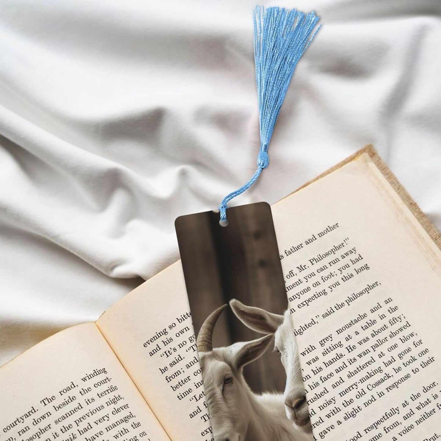 White Goat Bookmarks Gifts for Women Men, Wooden Bookmarks for Book Lovers, Vintage Book Marks Ornaments with Tassel, Unique Personalized Reading Page Markers Sky Blue