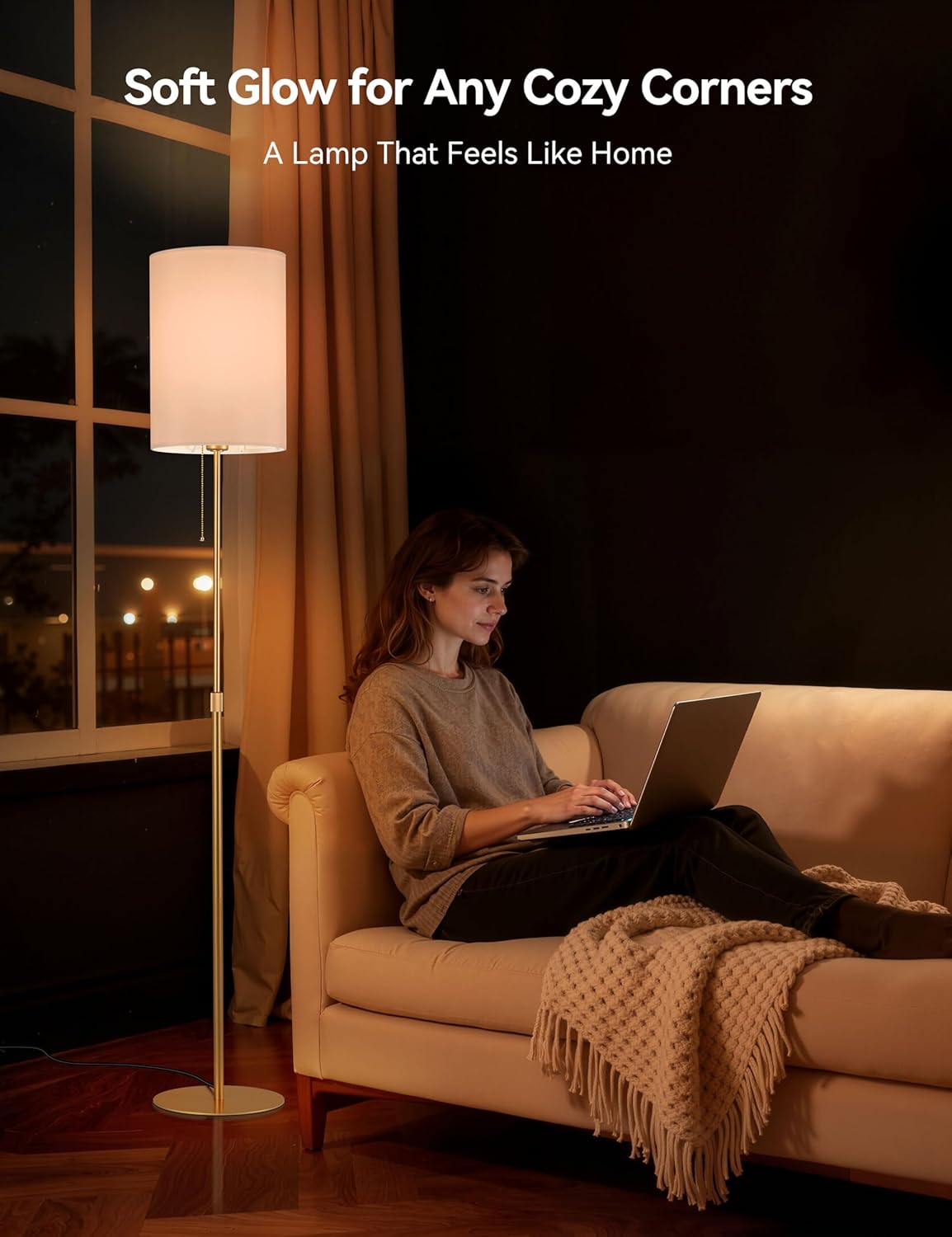 Tubicen 61" Gold Floor Lamp with Pull Chain 360° Full Beam Tall Standing Pole Lamps Adjustable Height Small Fabric Shade Base Dimmable Modern Slim Corner Floor Lamps for Living Room Bedroom Office