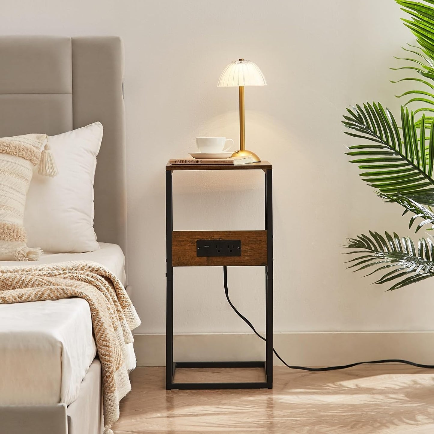BUDOME C Shaped Side Table with Charging Station, End Table with Outlets, Sofa Table with USB C Ports, C Table with Premium Surface and Metal Frame for Living Room