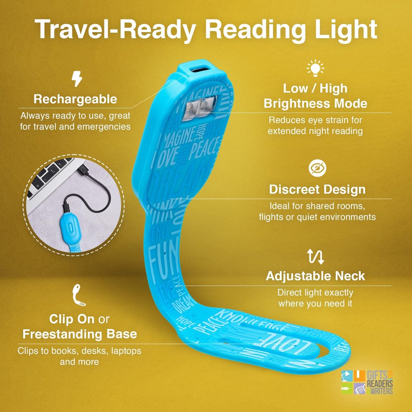 Gifts for Readers & Writers Rechargeable Book Light, Clip On Reading Light for Bed, 2in1 Flexilight & Bookmark, 12 Hours of Light Once Charged, Includes USB Cable & 2 LED Lights, Blue Words