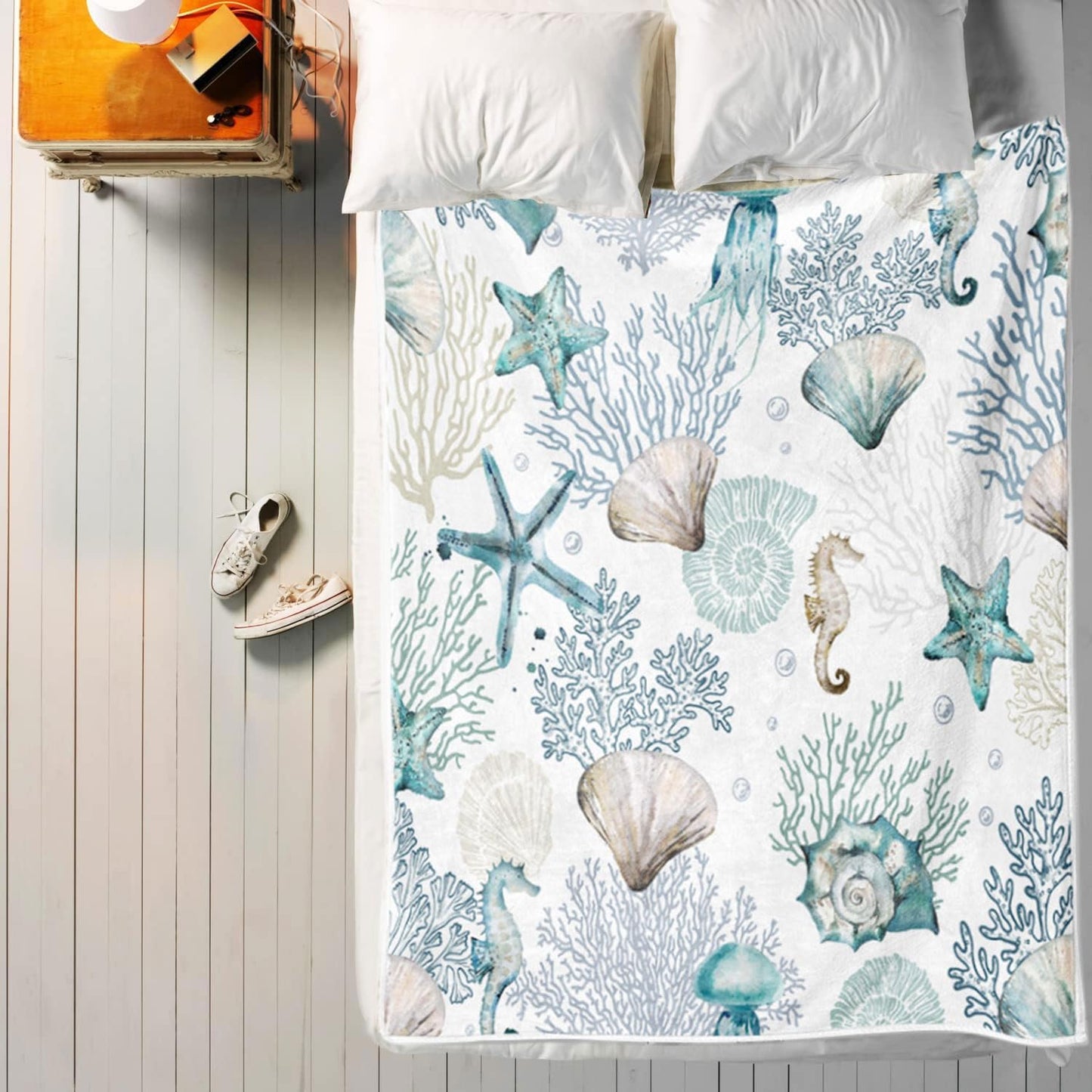 Nautical Beach Throw Blanket, Summer Coastal Ocean Themed Blankets for Adults Kids Woman, Sea Starfish Seashell Coral Teal Throws Blankets for Couch Bed Room Sofa Decor,50X60IN