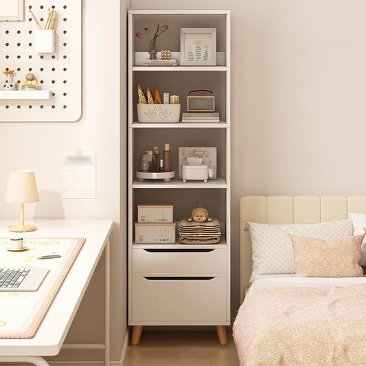 71" Tall Wood Bedside Table, Free Standing Open Shelf Bookcase with Drawers, 4 Tier Bookshelf Narrow Nightstand with Storage Shelves for Bedroom,living Room,Offices(40x24x180cm(16x9x71"), White)