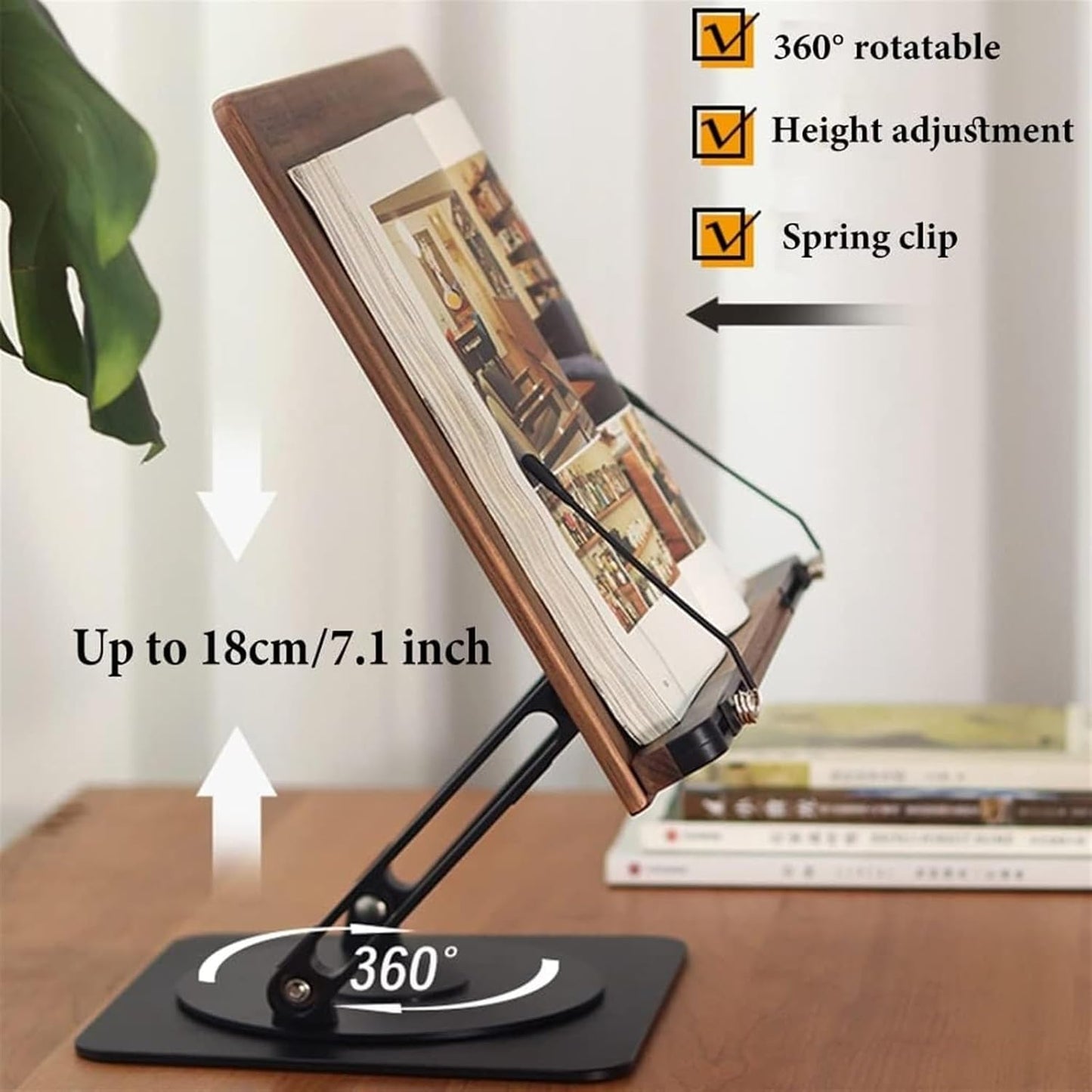 Book Stand Metal Book Holder with Paper Clips for Reading, 360° Rotate Cookbook Holder Stand, Laptop Stand Adjustable Height for Writing, Tablet (Color : Walnut) (Walnut) (Natural)