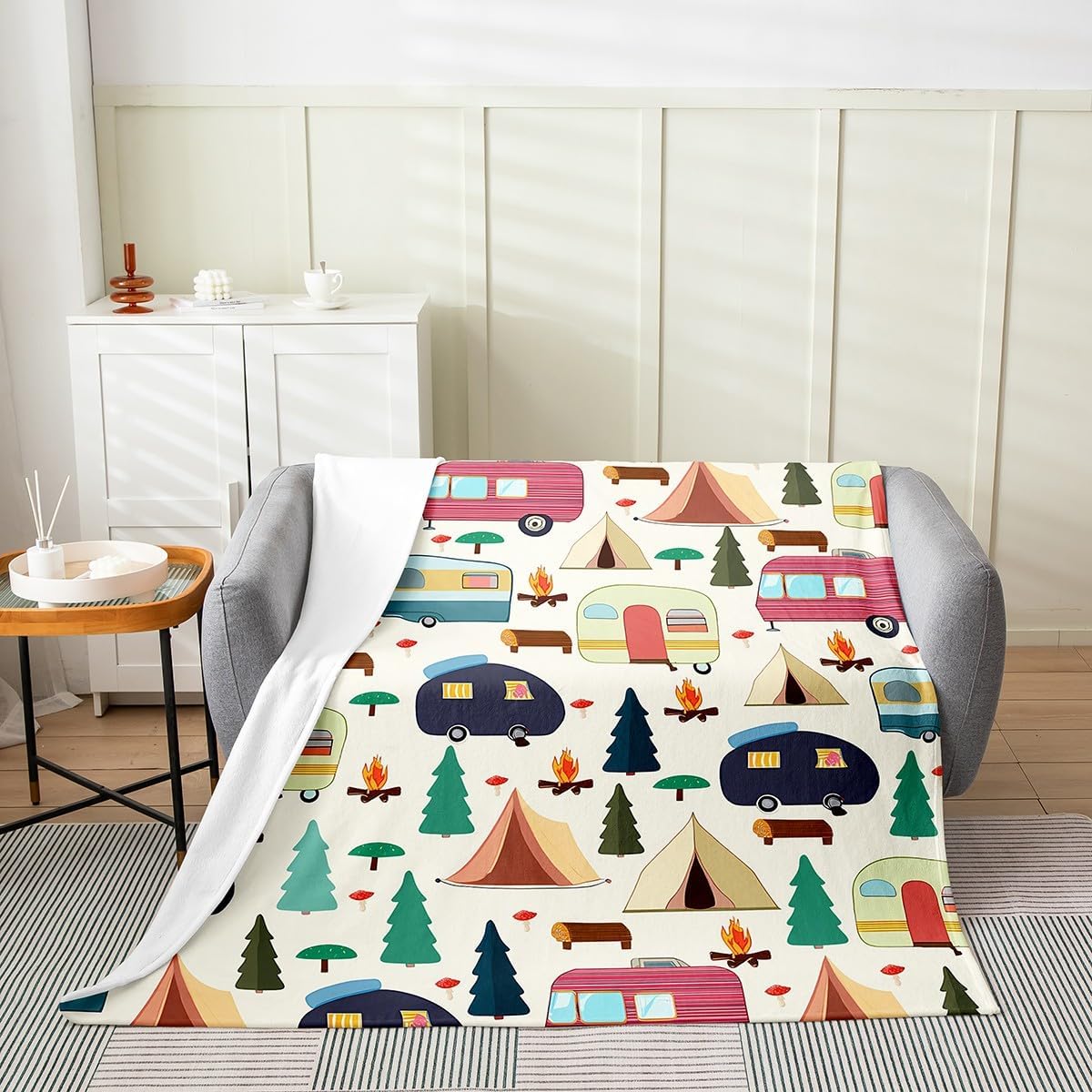 Feelyou Colorful Camper All Season,Bed Blanket Happy Camping Plush Throw Blanket, for Sofa Couch Kids RV Camping Flannel Fleece Blanket Cartoon Camping Car Farmhouse Trailers Camper Throw 50"x60"