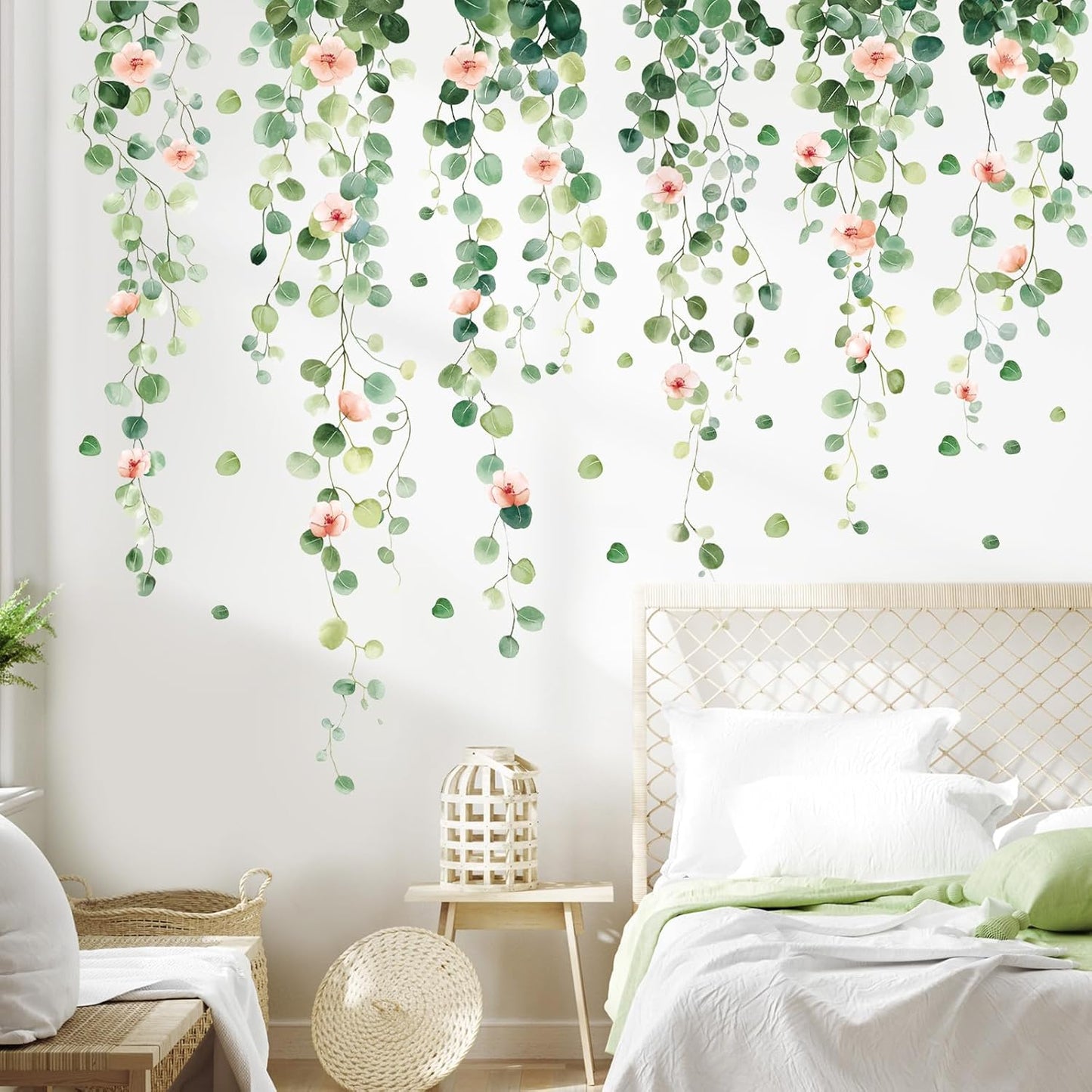 SHUCHING Green Hanging Vine Leaves Wall Sticker Peel and Stick, Vinyl Plants Wall Decal, Wall Decor Art for Living Room Bedroom Sofa TV Background