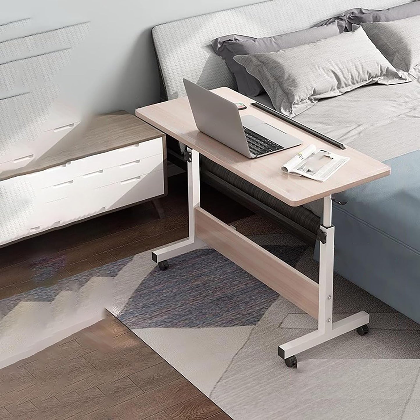 Over Bed Table w/Heavy Duty Metal Leg,Rolling Over-The-Bed Laptop Desk,Height Adjustable Overbed Table with Wheels,Height Adjustable,for Eating,Working or Reading.