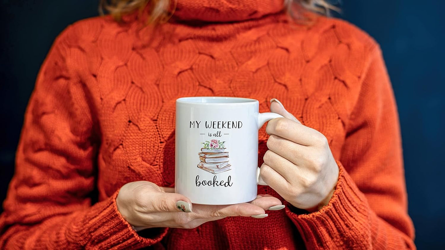 My Weekend Is All Booked 11 Ounces Ceramic Mug Cup, Watercolor Floral Book Coffee Tea Mug Cup, Home Dorm Office Decor, Gifts for Book Lovers Girls Teens