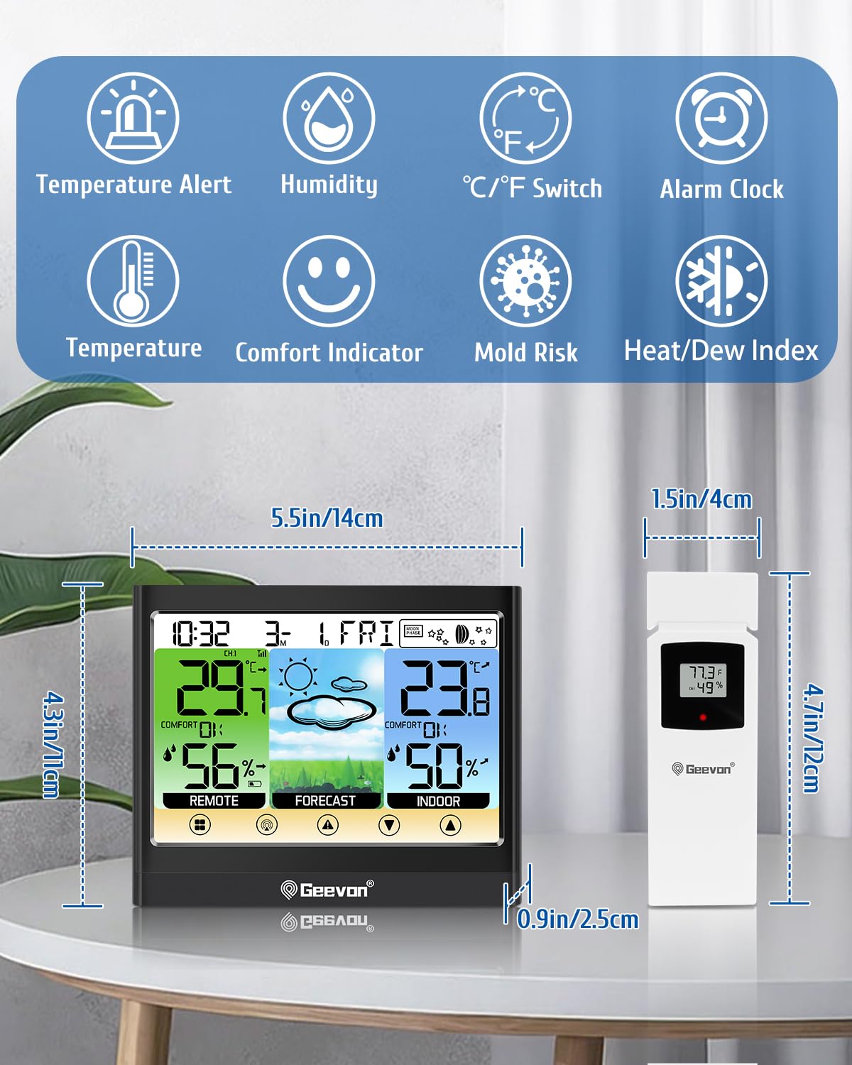 Geevon Weather Station Wireless Indoor Outdoor Thermometer Hygrometer with Dew Point, Heat Index, Touch LCD Display Digital Weather Thermometer with Alarm Clock and Adjustable Backlight